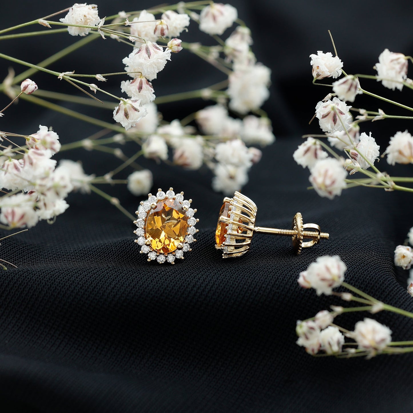 Natural 2.2 Carat Oval Citrine Stud Earrings with Halo