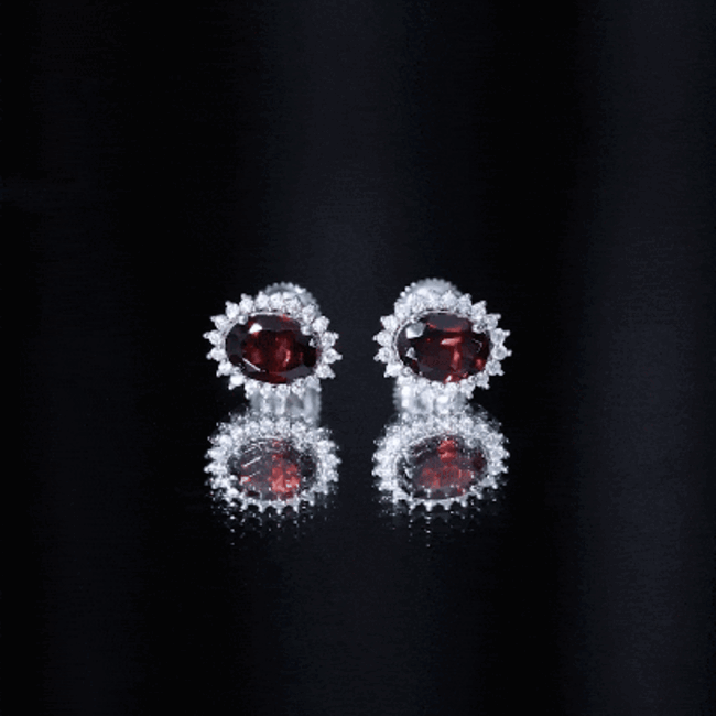 Sterling Silver 3 Carat Oval Garnet Stud Earrings with Moissanite Halo