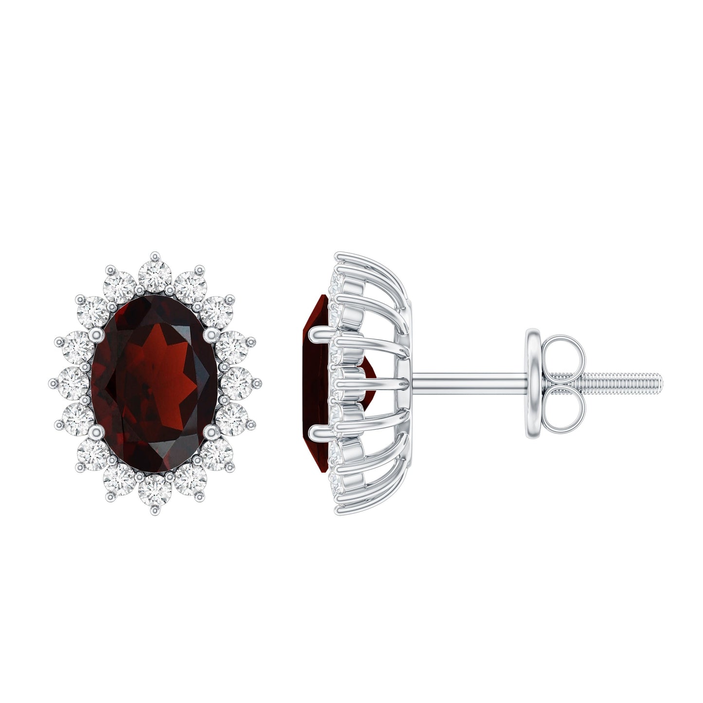 Sterling Silver 3 Carat Oval Garnet Stud Earrings with Moissanite Halo