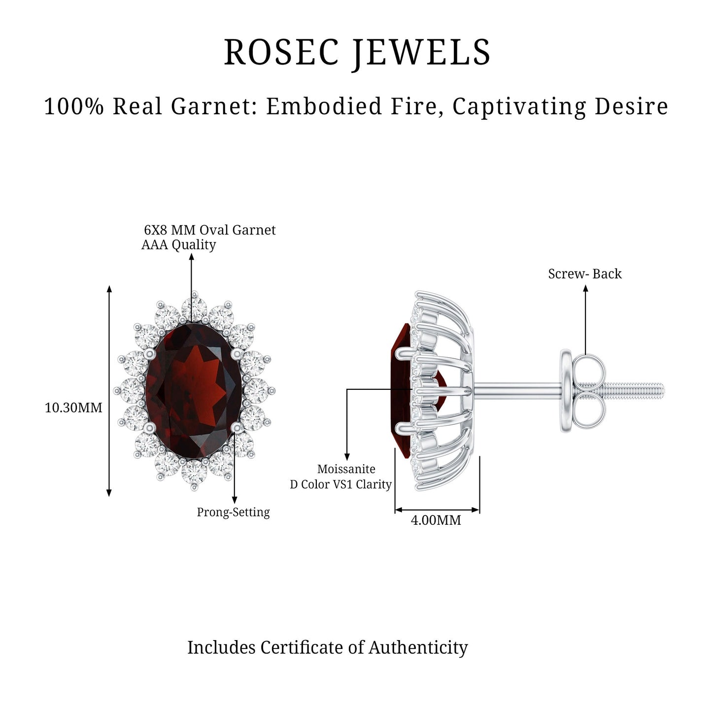 Sterling Silver 3 Carat Oval Garnet Stud Earrings with Moissanite Halo