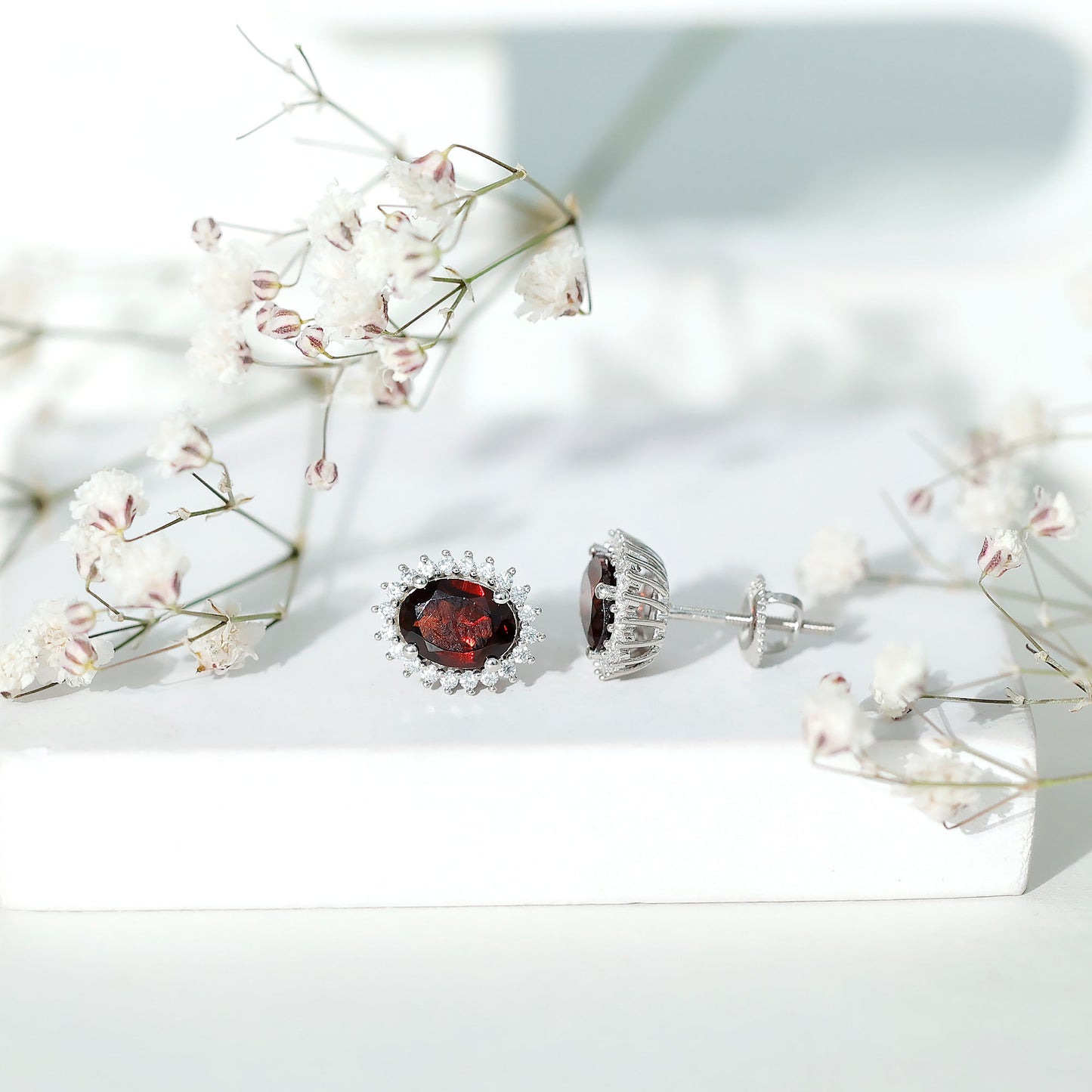 Sterling Silver 3 Carat Oval Garnet Stud Earrings with Moissanite Halo