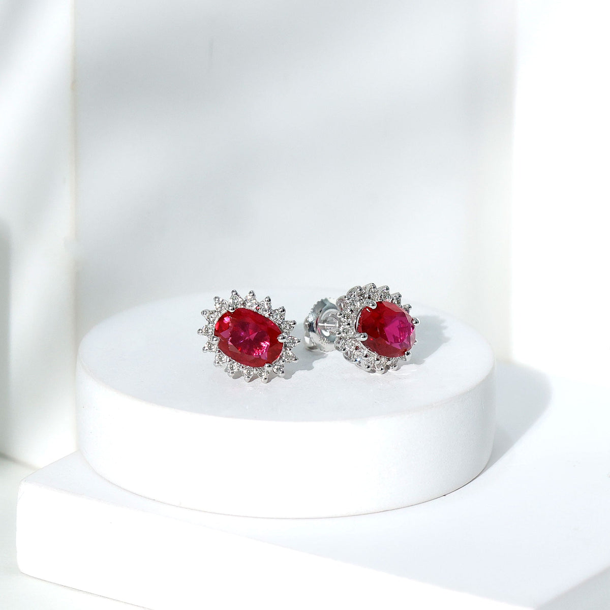3 Carat Oval Lab Created Ruby Stud Earrings with Diamond Halo