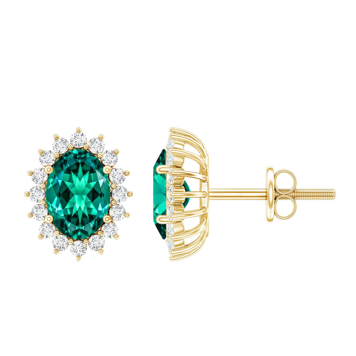 Lab Created Emerald Oval Stud Earrings with Moissanite Halo