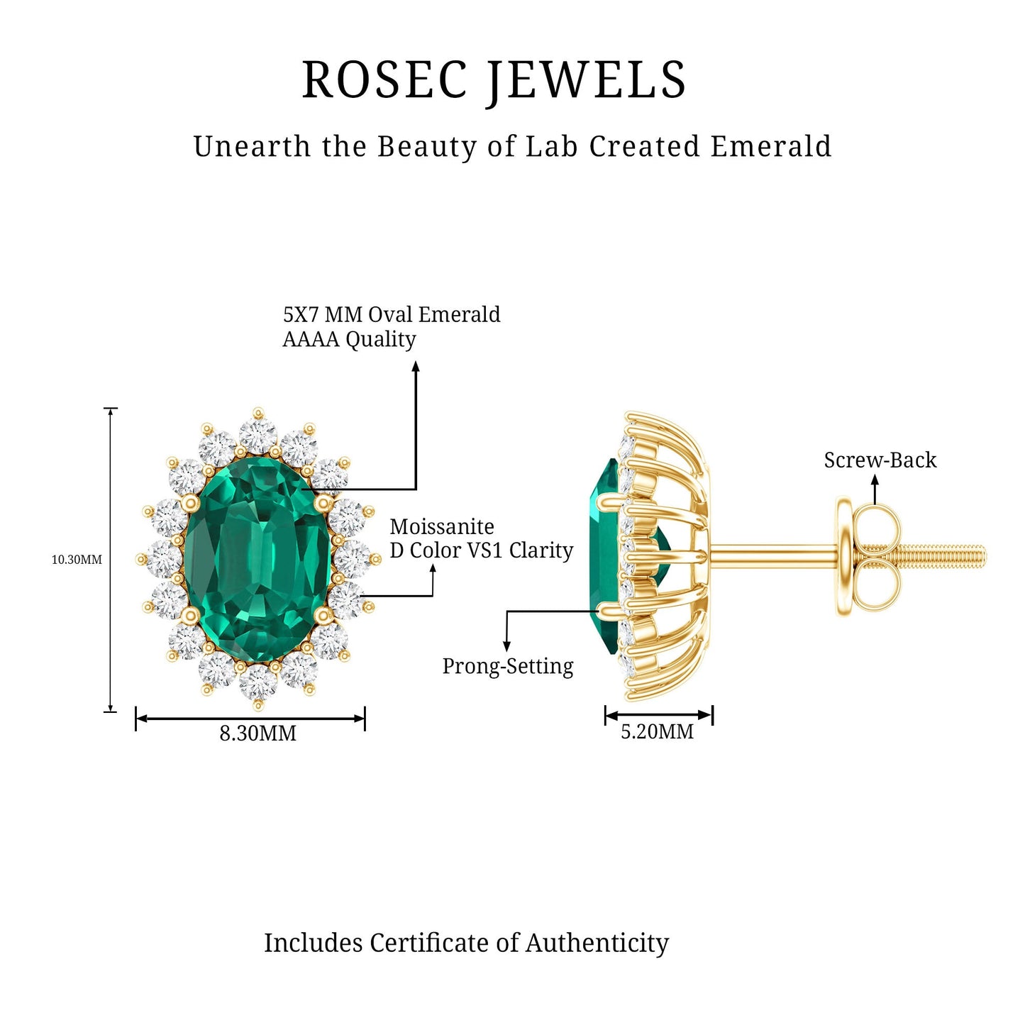 Lab Created Emerald Oval Stud Earrings with Moissanite Halo