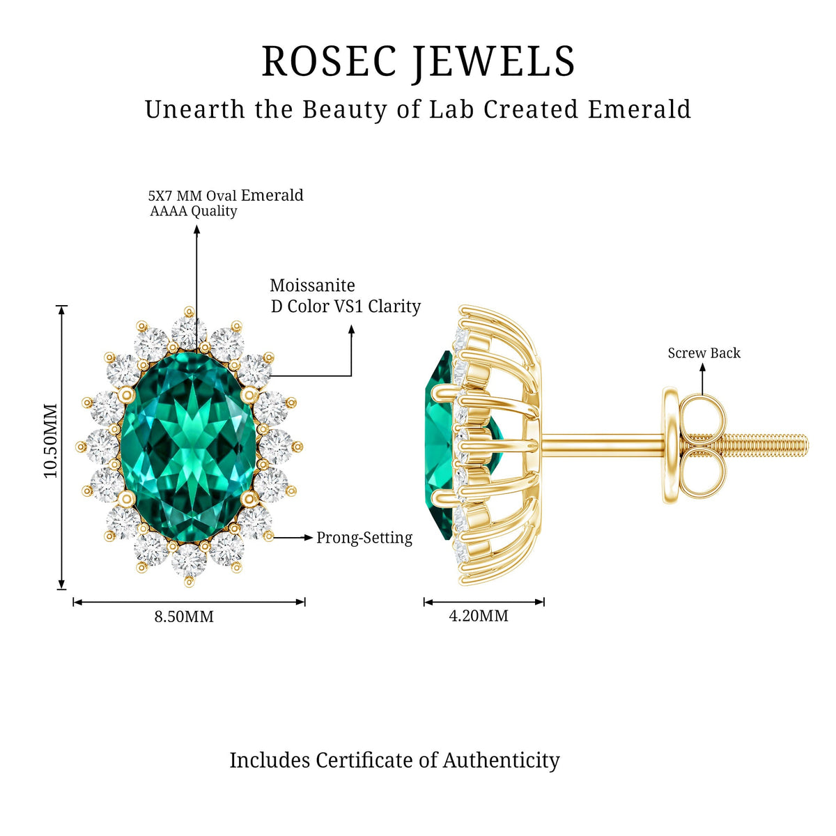 Lab Created Emerald Oval Stud Earrings with Moissanite Halo