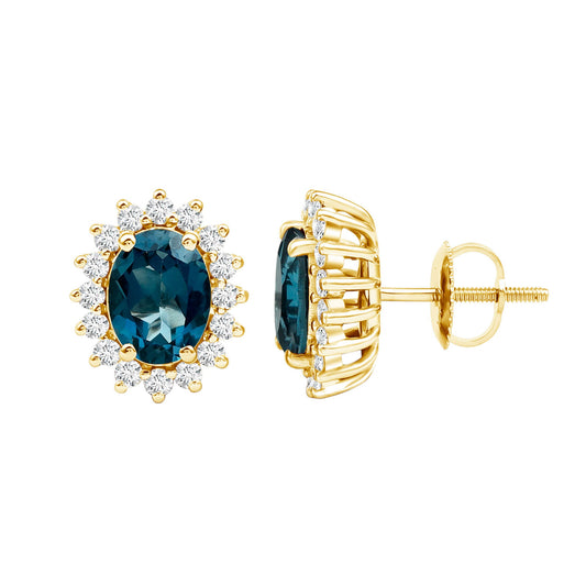2.2 Carat Oval London Blue Topaz Stud Earrings with Moissanite Halo