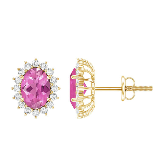 1.3 Carat Oval Pink Tourmaline Stud Earrings with Diamond Halo