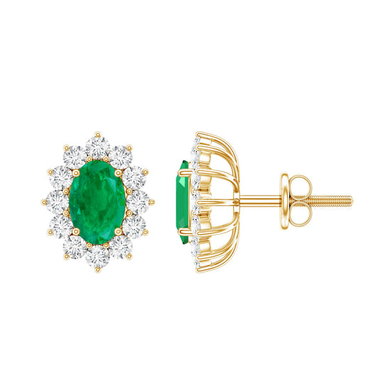 Oval Cut Natural Emerald Stud Earrings with Diamond Halo