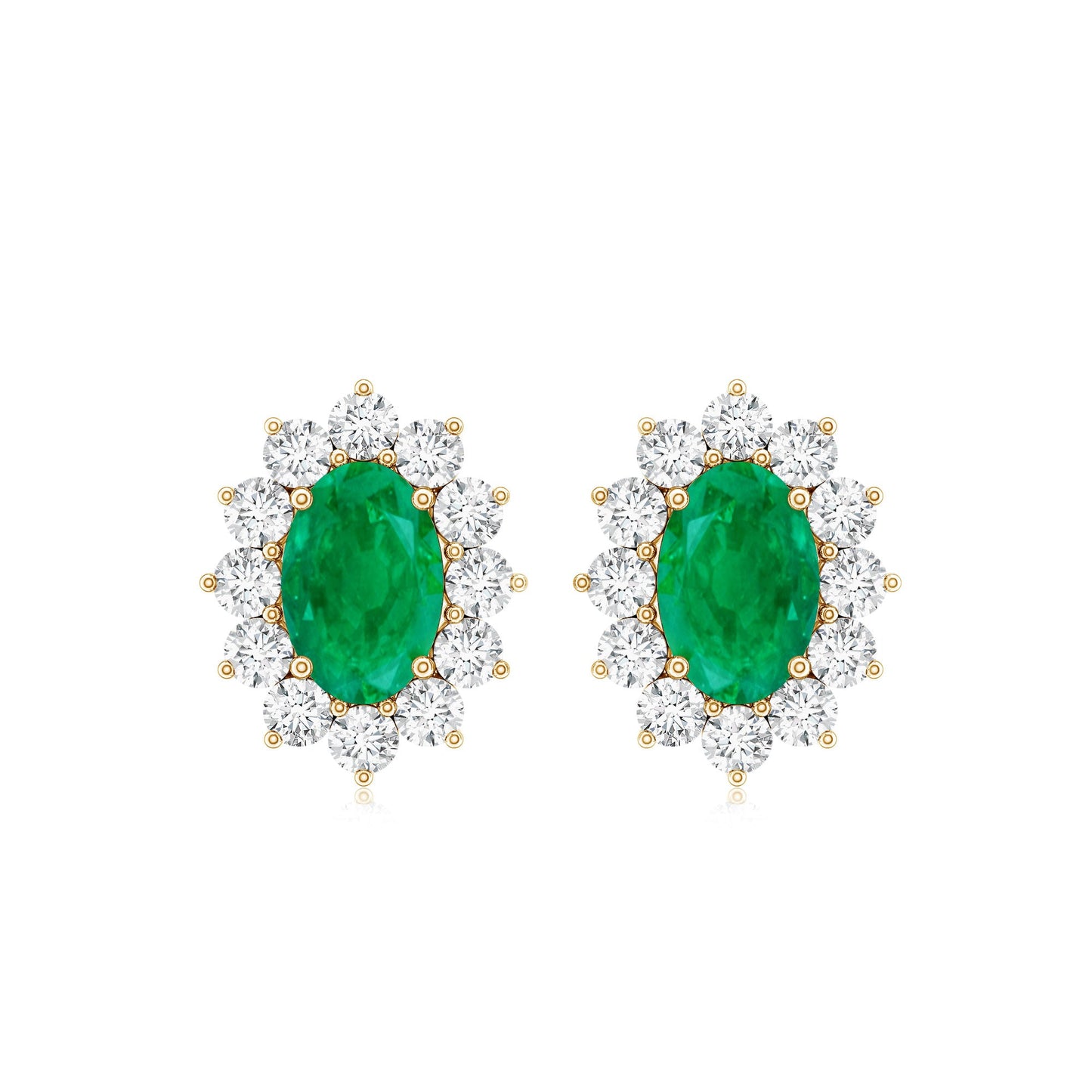 Oval Cut Natural Emerald Stud Earrings with Diamond Halo