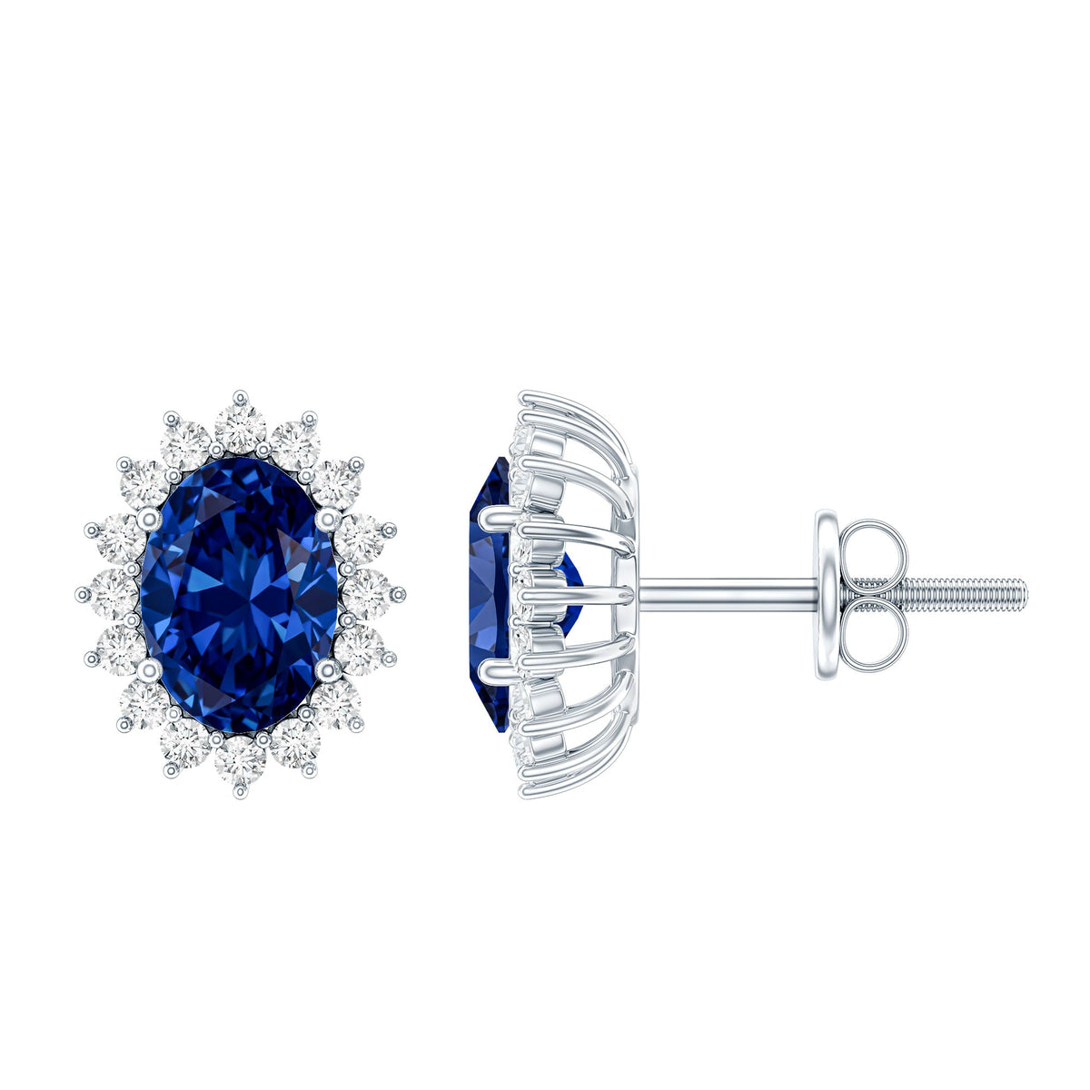 Lab Created Blue Sapphire Oval Stud Earrings with Moissanite Halo