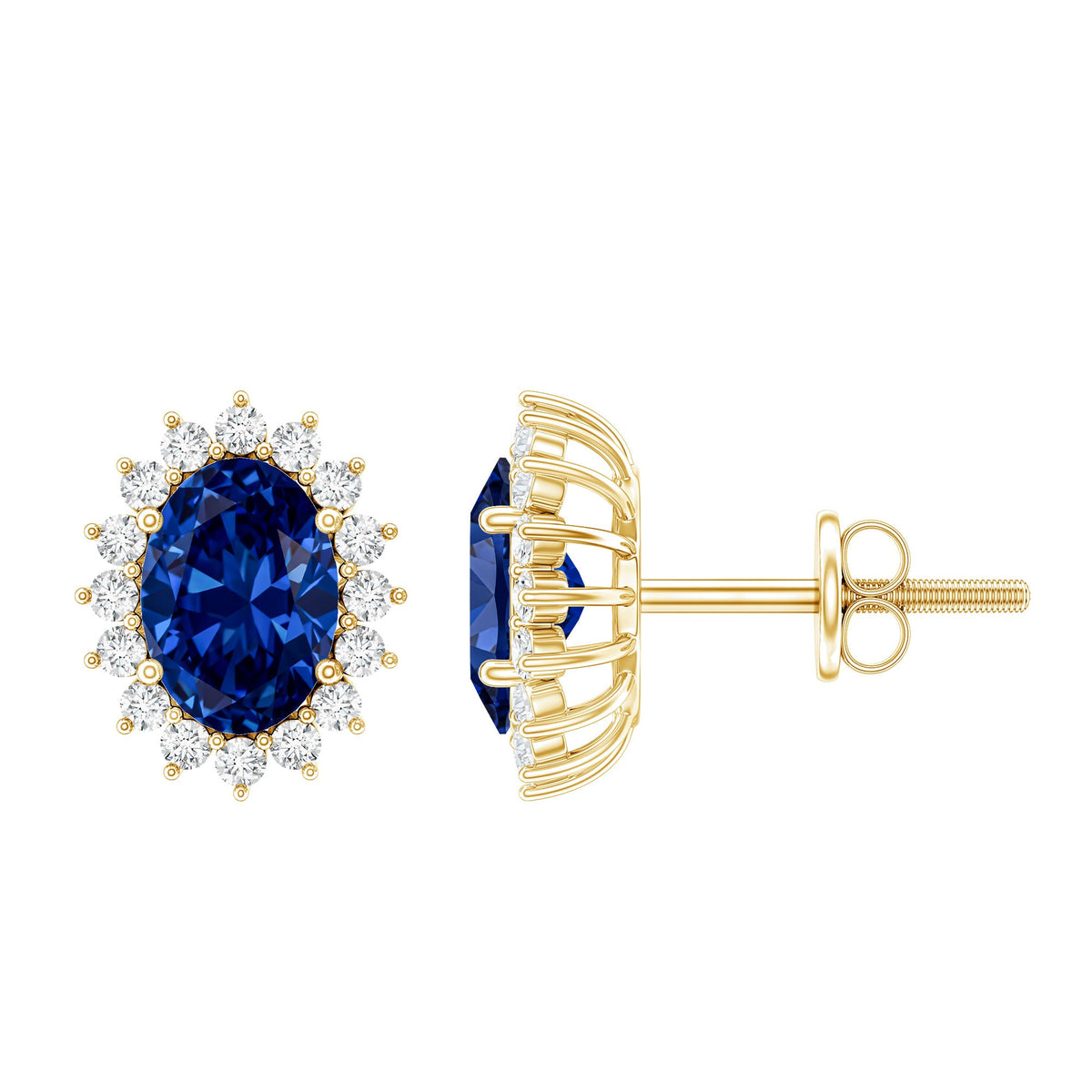 Lab Created Blue Sapphire Oval Stud Earrings with Moissanite Halo