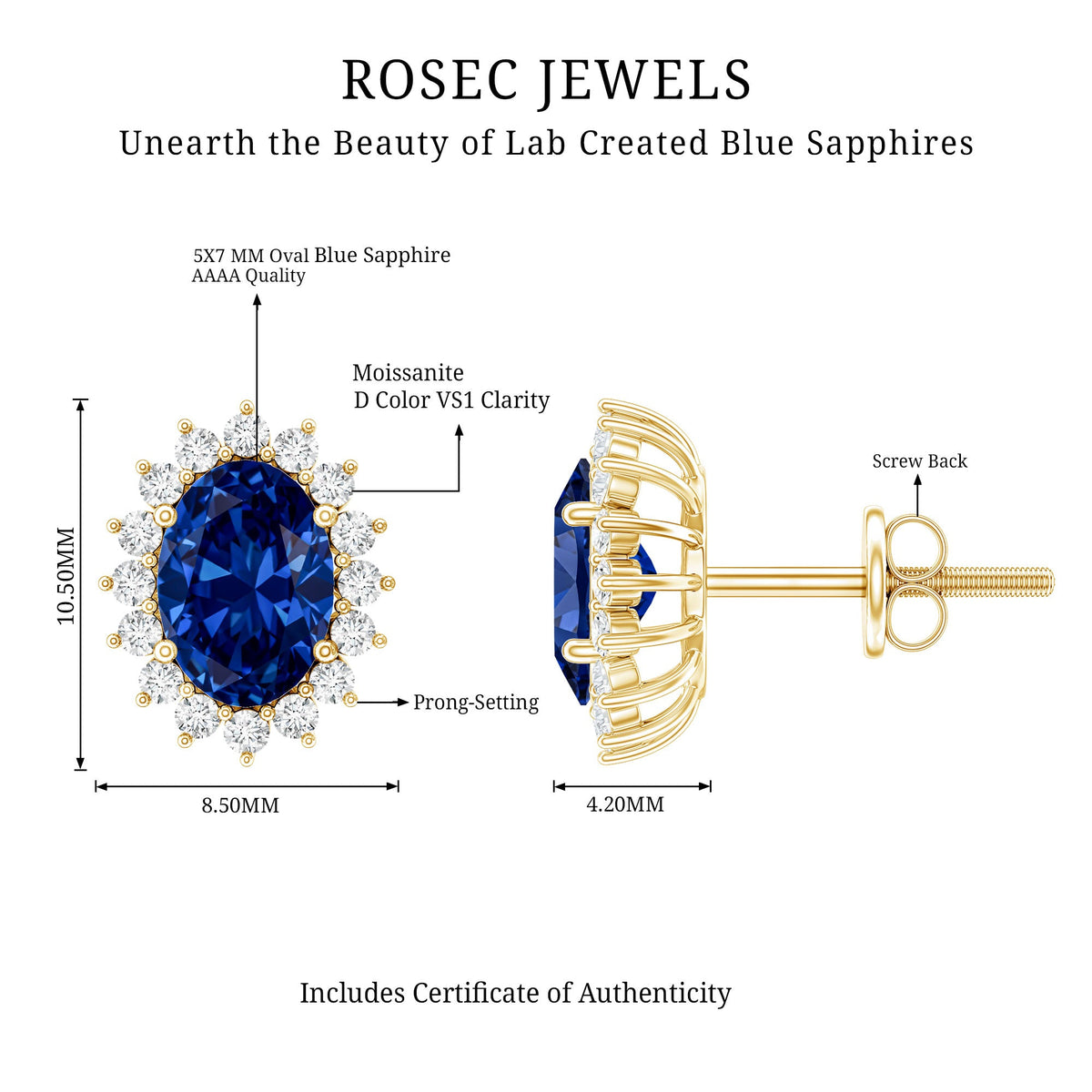 Lab Created Blue Sapphire Oval Stud Earrings with Moissanite Halo
