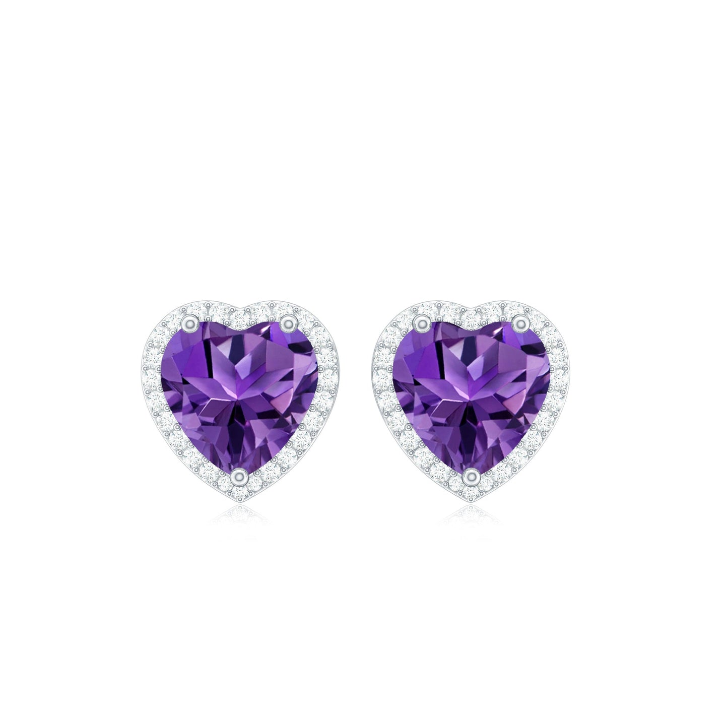 Certified Real Heart Shape Amethyst Stud Earrings with Diamond Halo