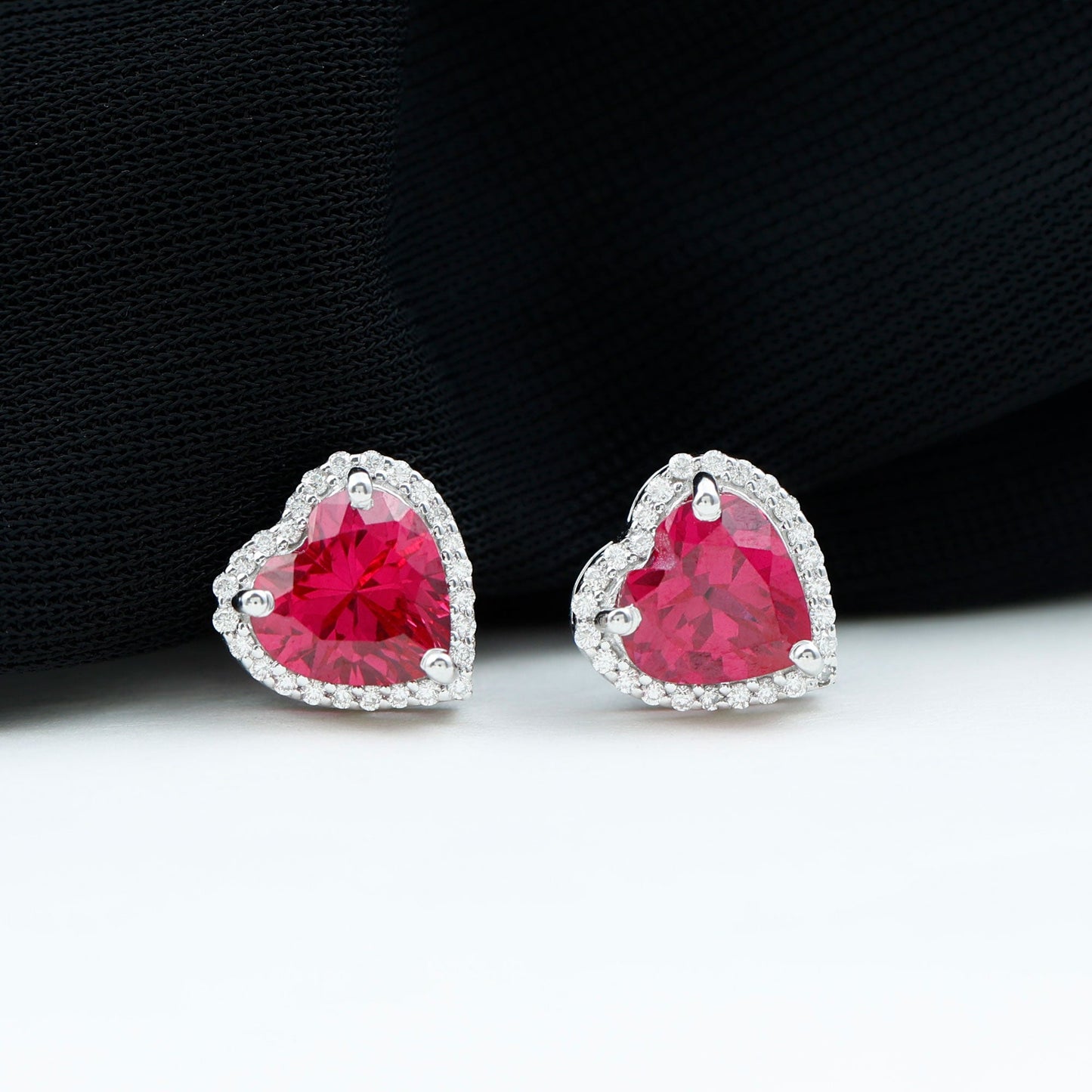 4 Carat Lab Grown Ruby Heart Stud Earrings with Moissanite Halo