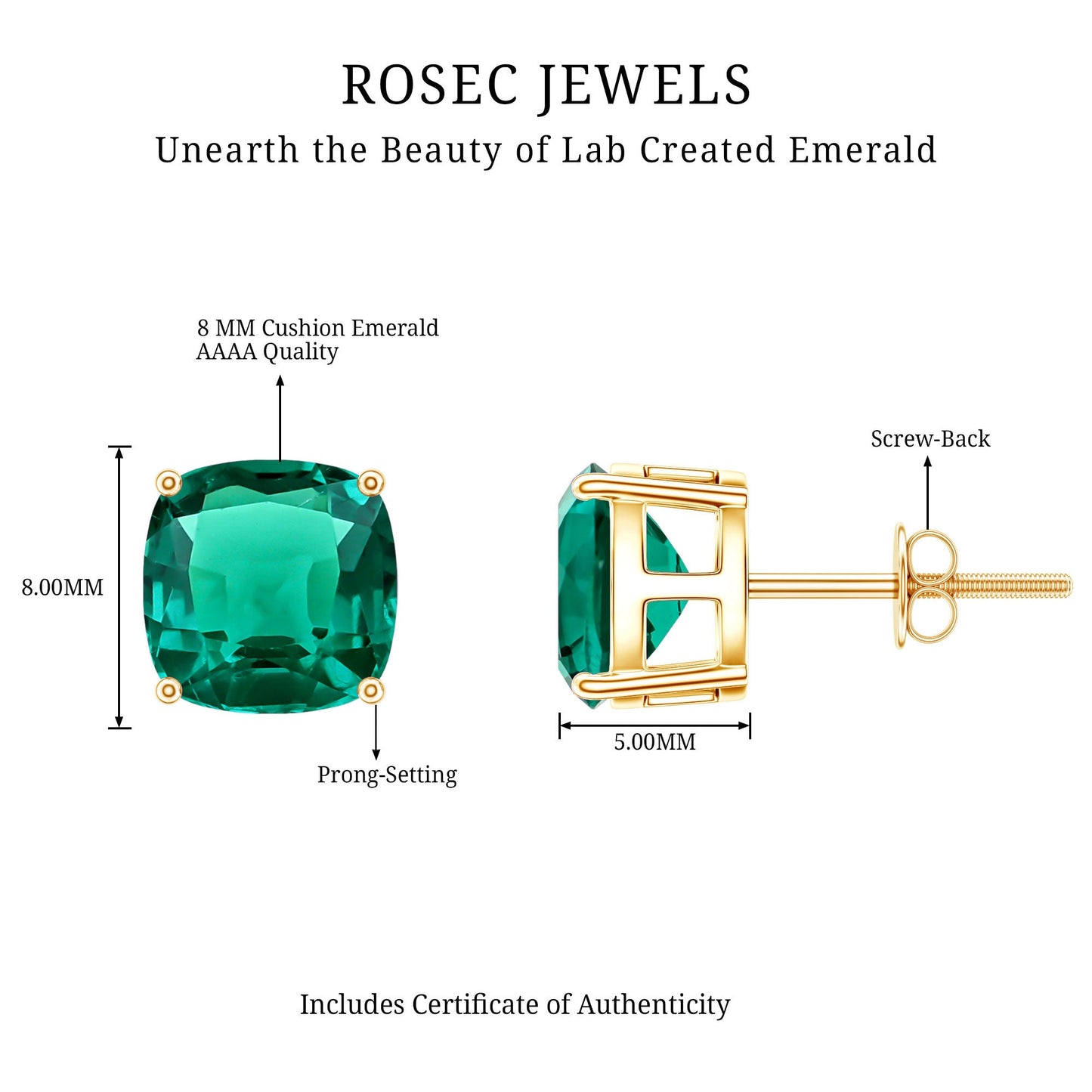 4.2 Carat Cushion Cut Created Emerald Solitaire Stud Earring