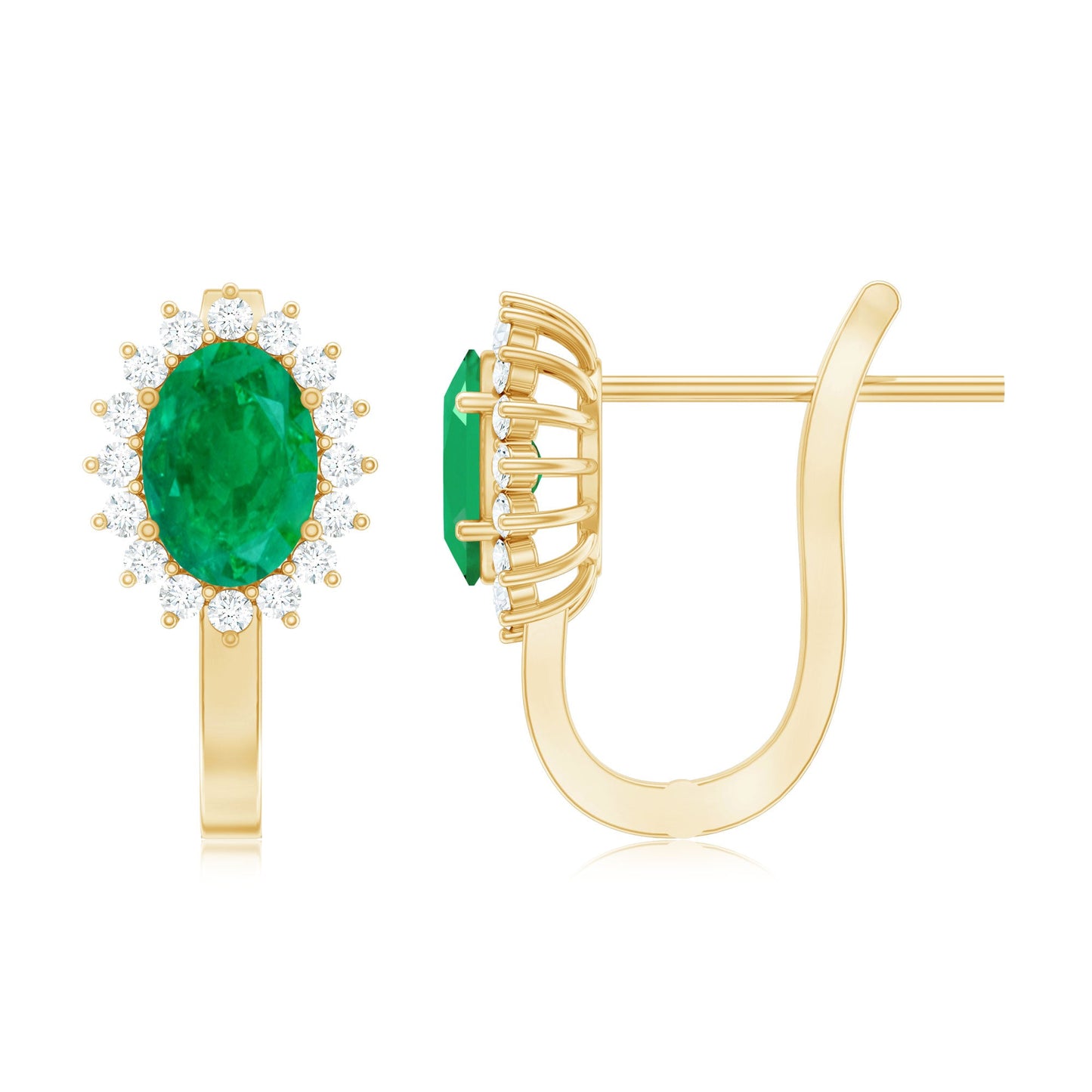 1.43 Carat Oval Cut Emerald and Diamond Halo Stud Earrings with Latch Back