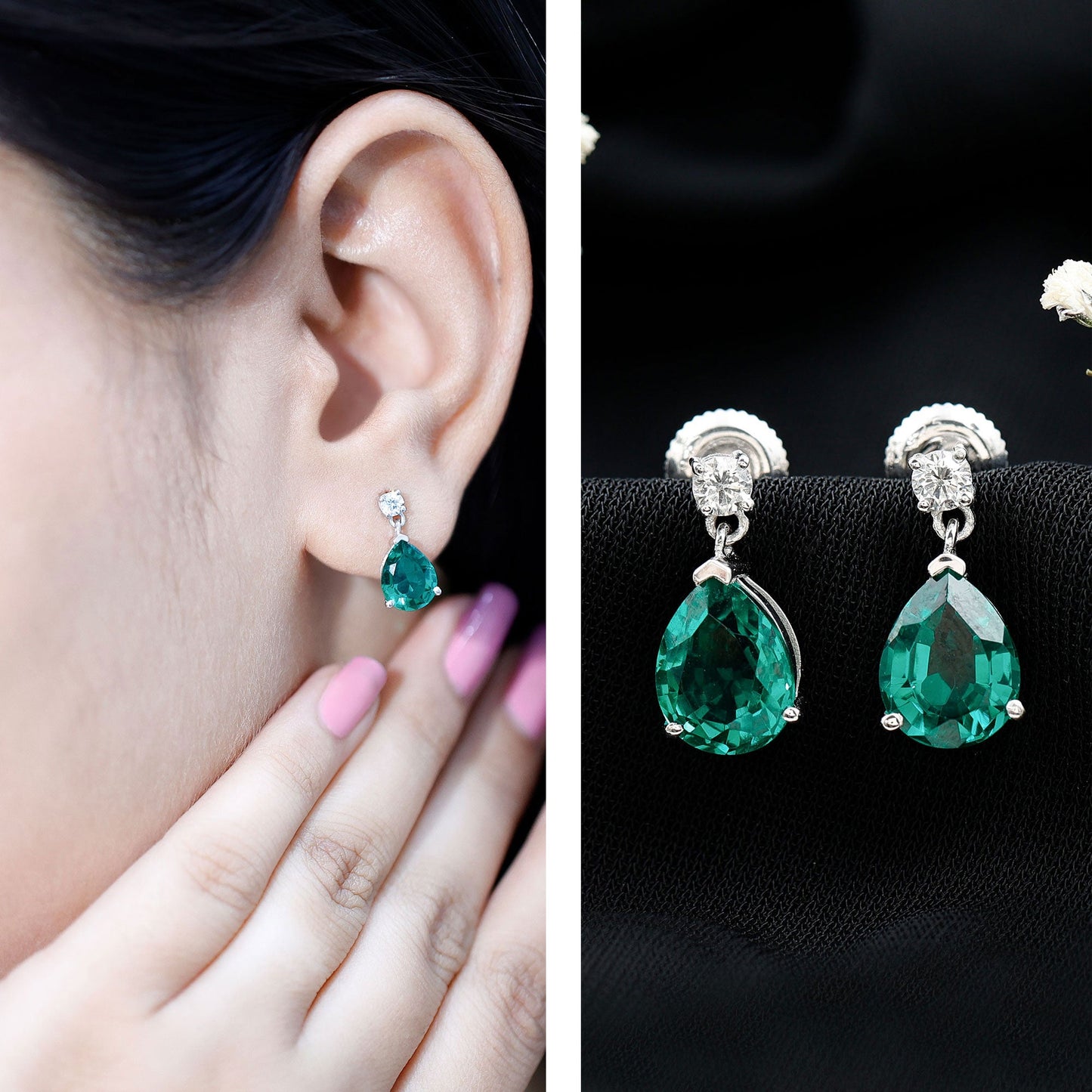 3.4 Carat Pear Cut Lab Created Emerald and Diamond Teardrop Earrings