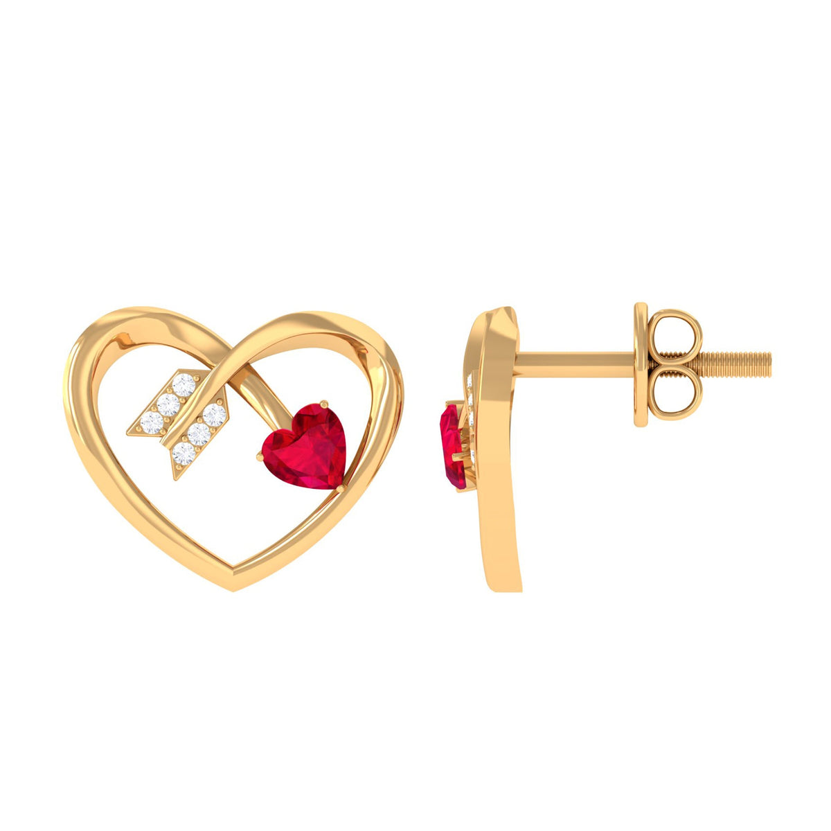 Heart Stud Earrings with Lab Created Ruby and Diamond