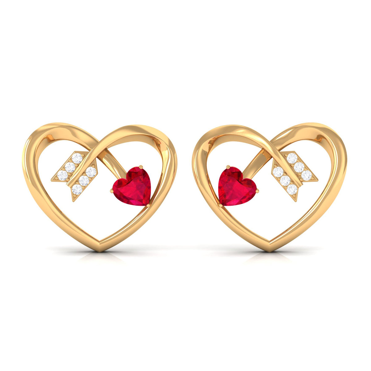 Heart Stud Earrings with Lab Created Ruby and Diamond