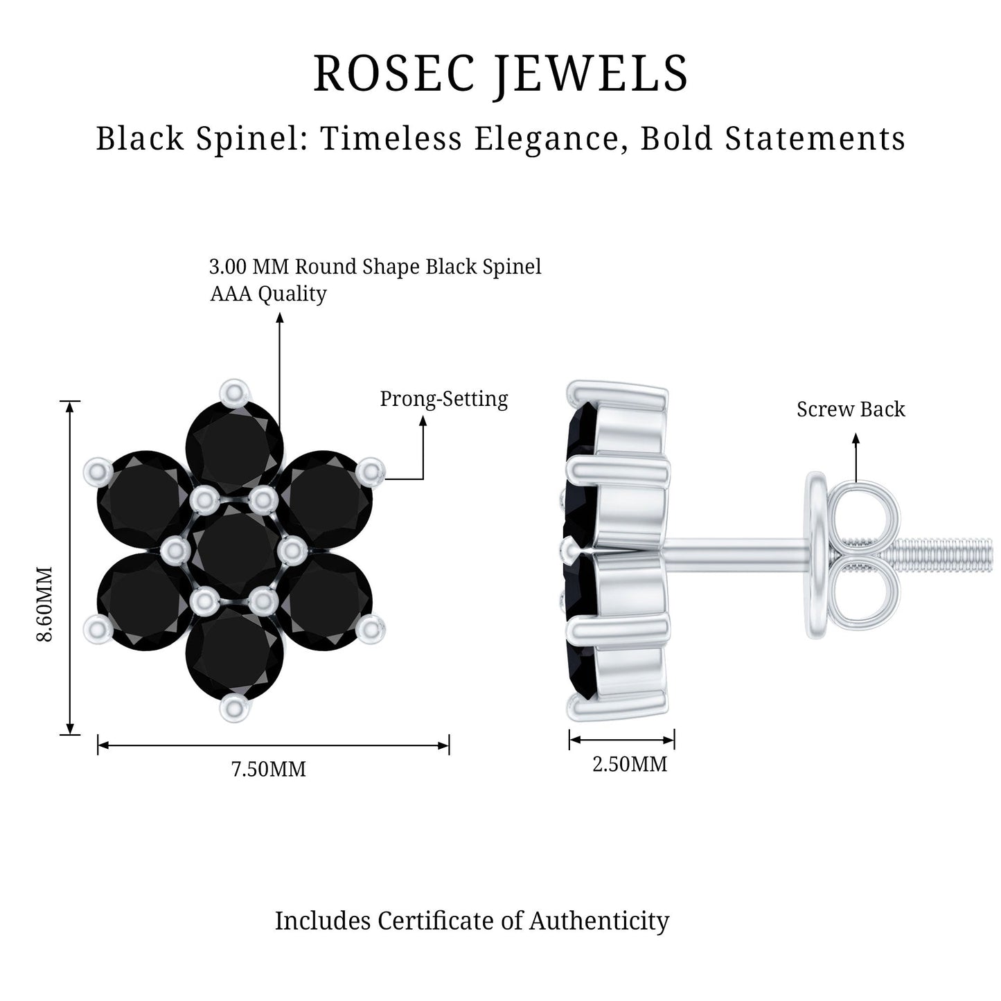 Natural Black Spinel Floral Cluster Stud Earrings