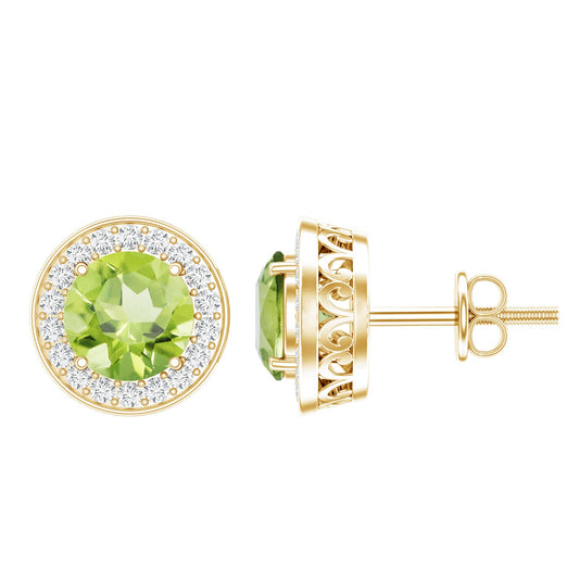 Natural 1.5 Carat Peridot Stud Earrings with Diamond Halo