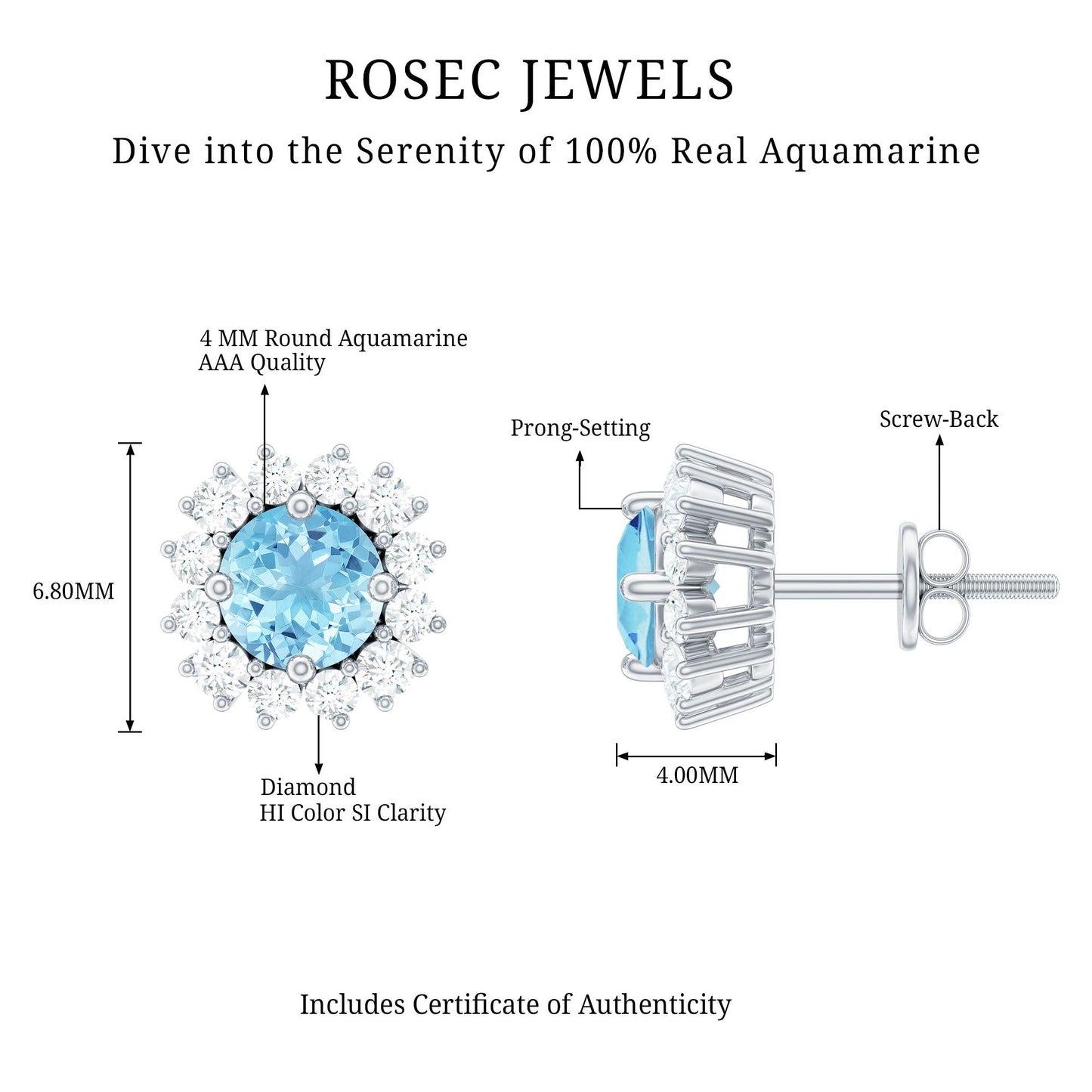 Genuine Aquamarine and Diamond Halo Stud Earrings