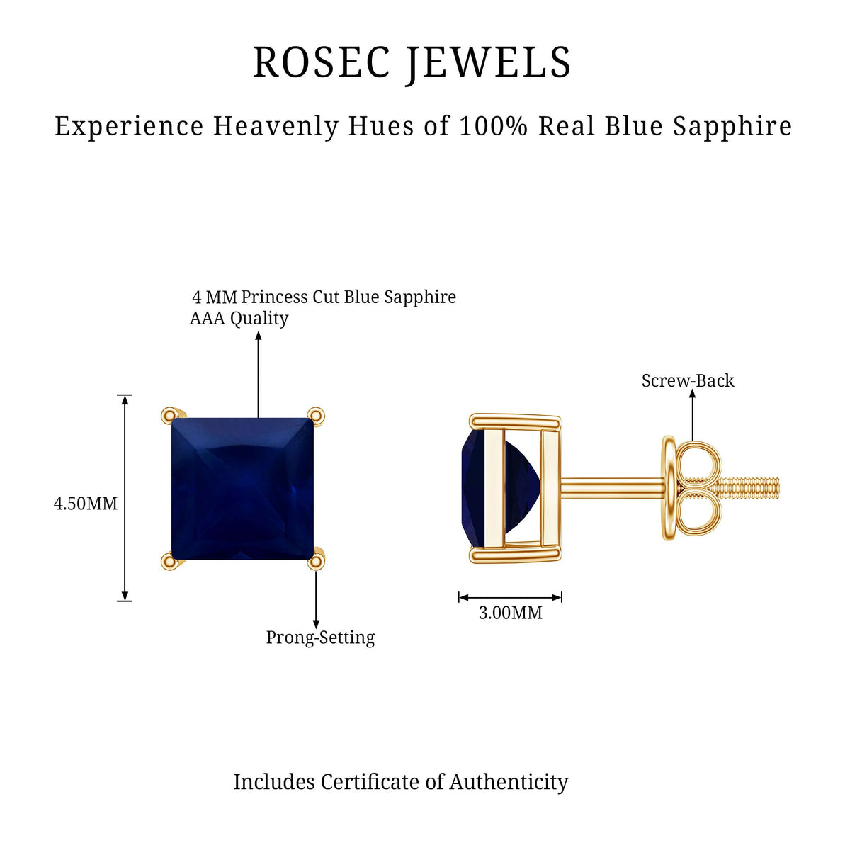 0.9 Carat Solitaire Blue Sapphire Princess Cut Stud Earrings