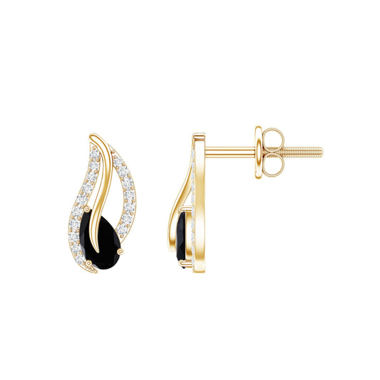 Genuine Pear Shape Black Onyx leaf Stud Earrings With Certificate