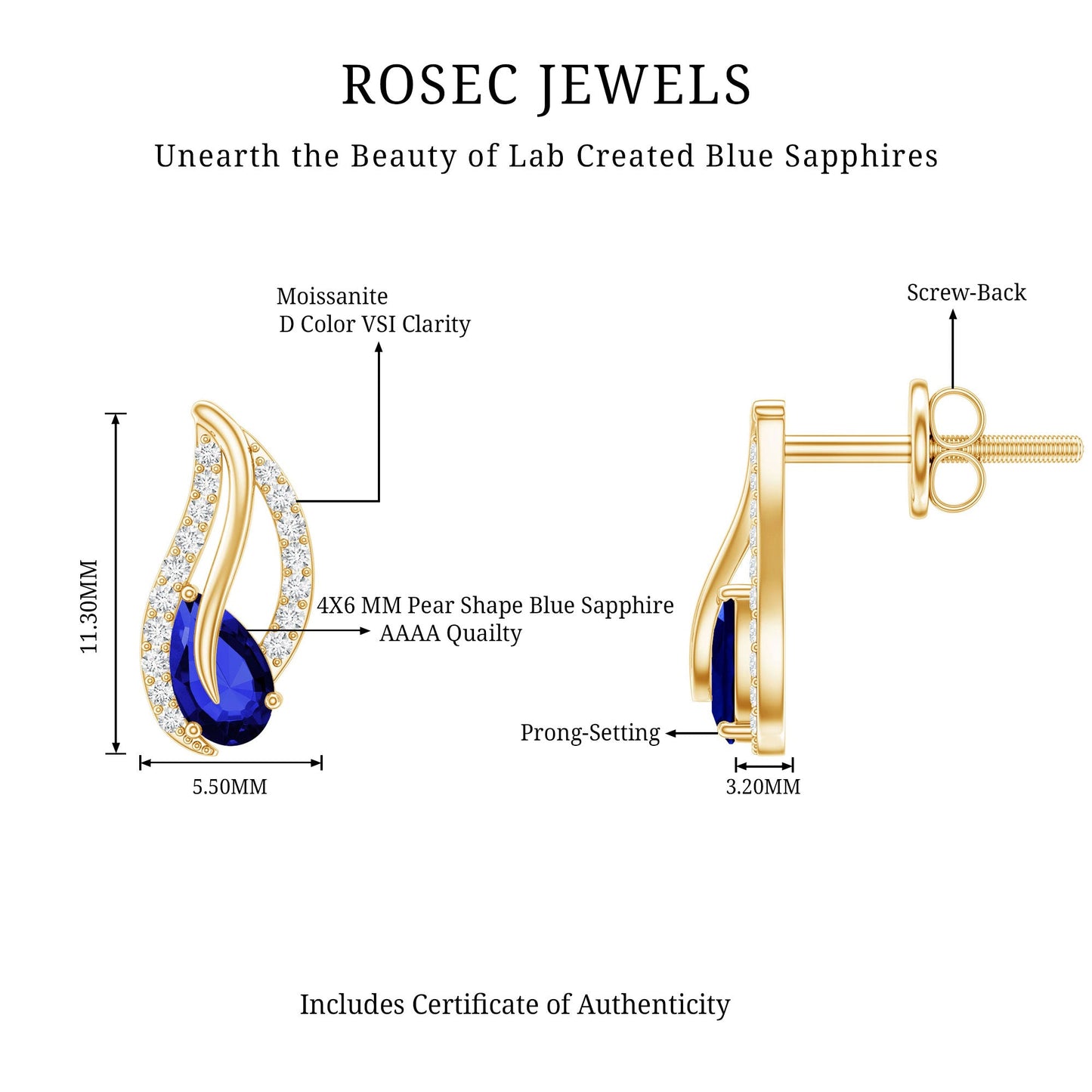 Lab Created Blue Sapphire and Moissanite Leaf Stud Earrings