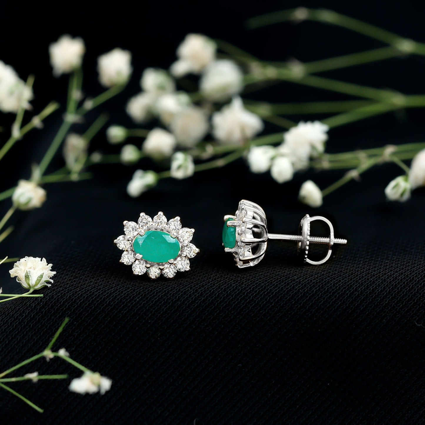 Natural 0.8 Carat Oval Cut Emerald and Diamond Earrings