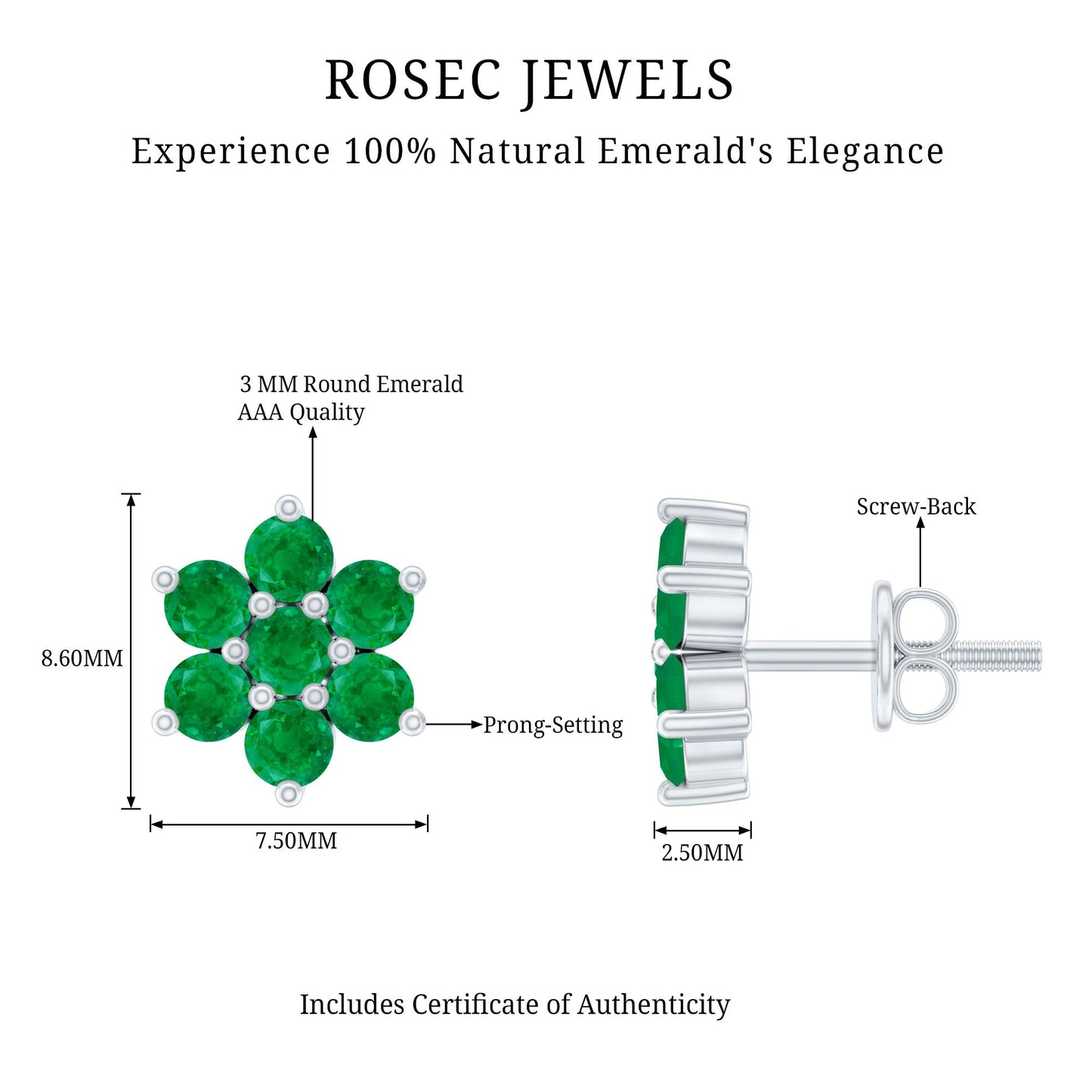 Natural Emerald Flower Stud Earrings with Screw Back