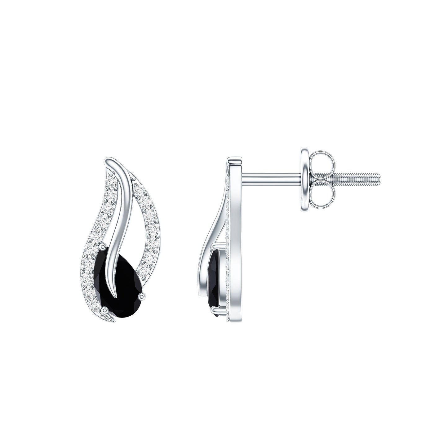 Pear Shape Black Spinel and Diamond Leaf Stud Earrings