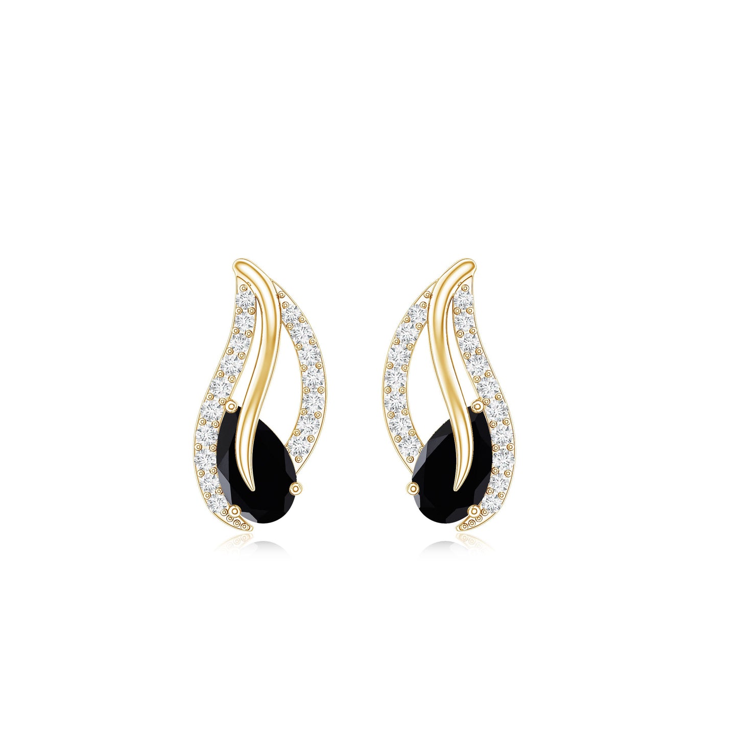 Pear Shape Black Spinel and Diamond Leaf Stud Earrings