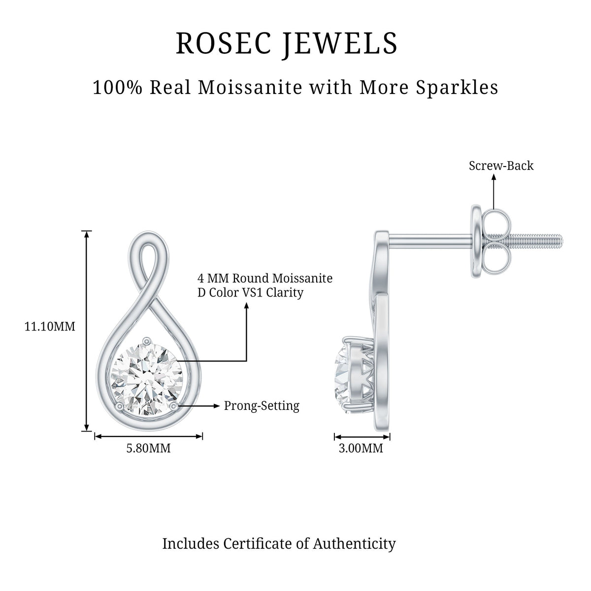 0.6 CT Round Cut Moissanite Infinity Stud Earrings