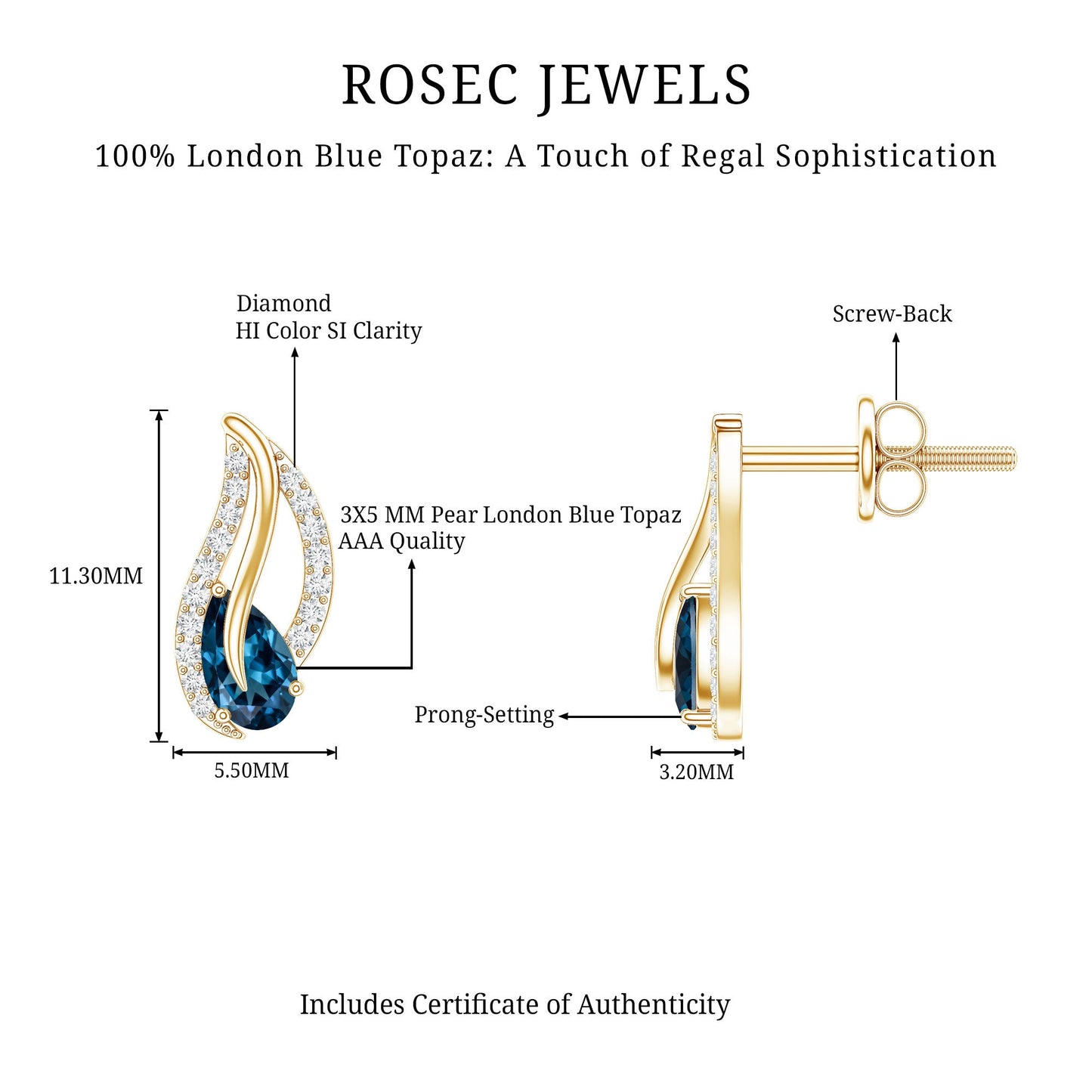 Pear Shape London Blue Topaz and Diamond Leaf Stud Earrings