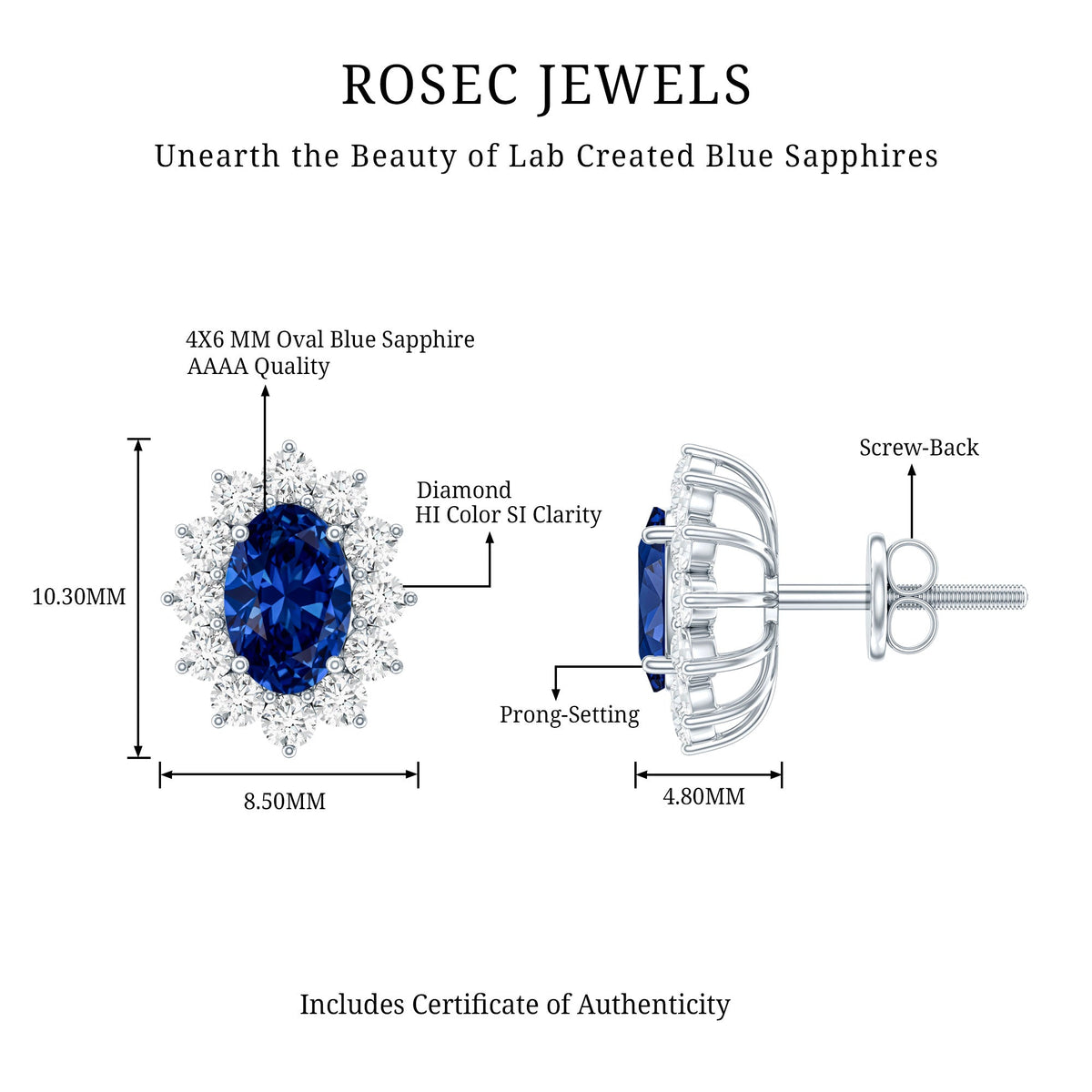 Oval Shaped Lab Grown Blue Sapphire and Diamond Halo Stud Earrings