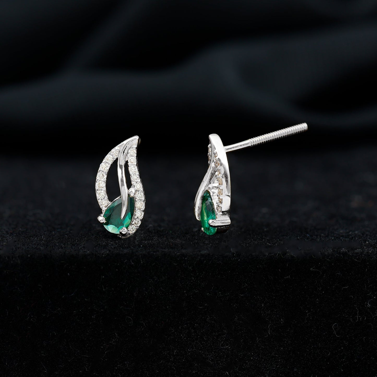 Lab Created Emerald and Diamond Leaf Stud Earrings