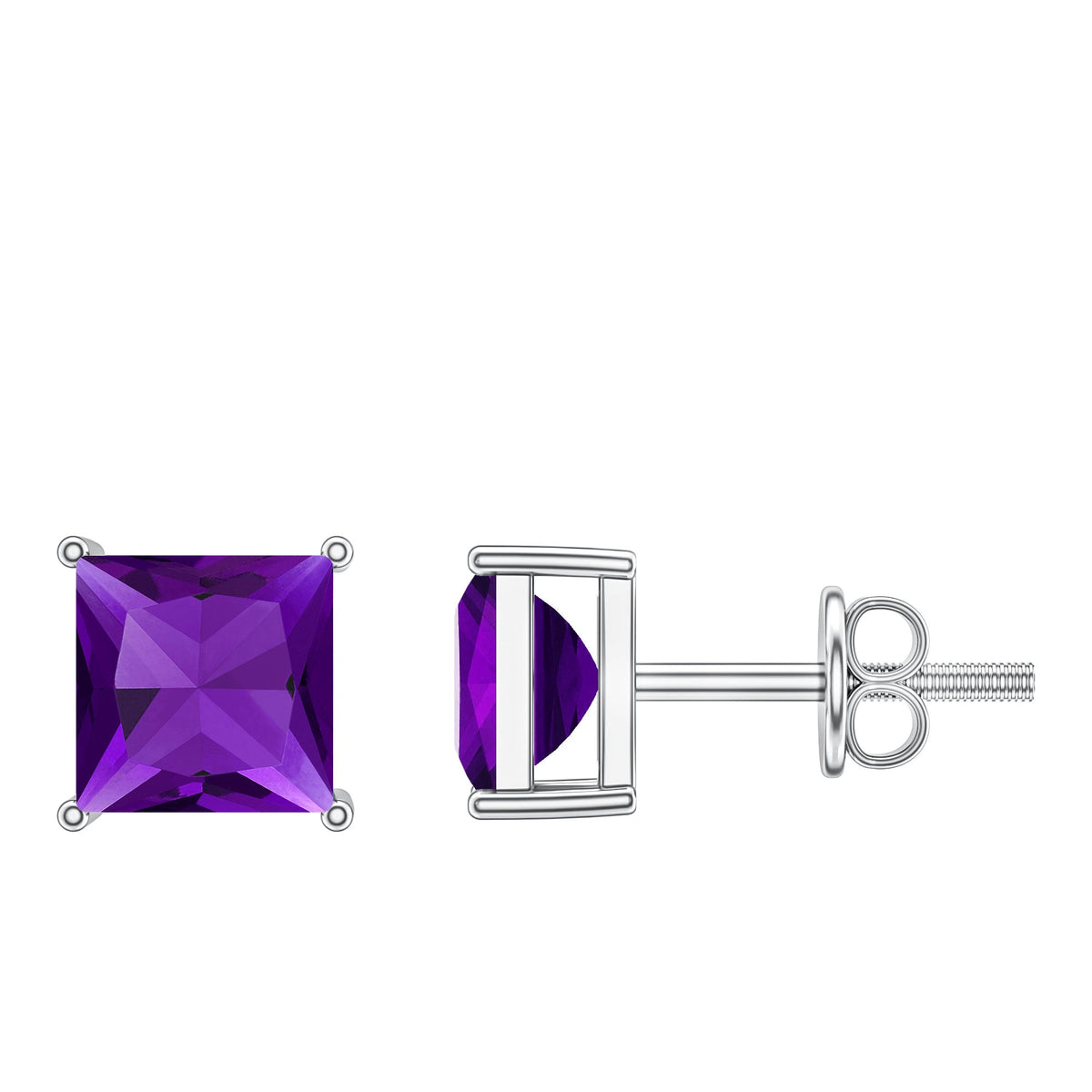 Natural Amethyst Princess Cut Earrings with Screw Back