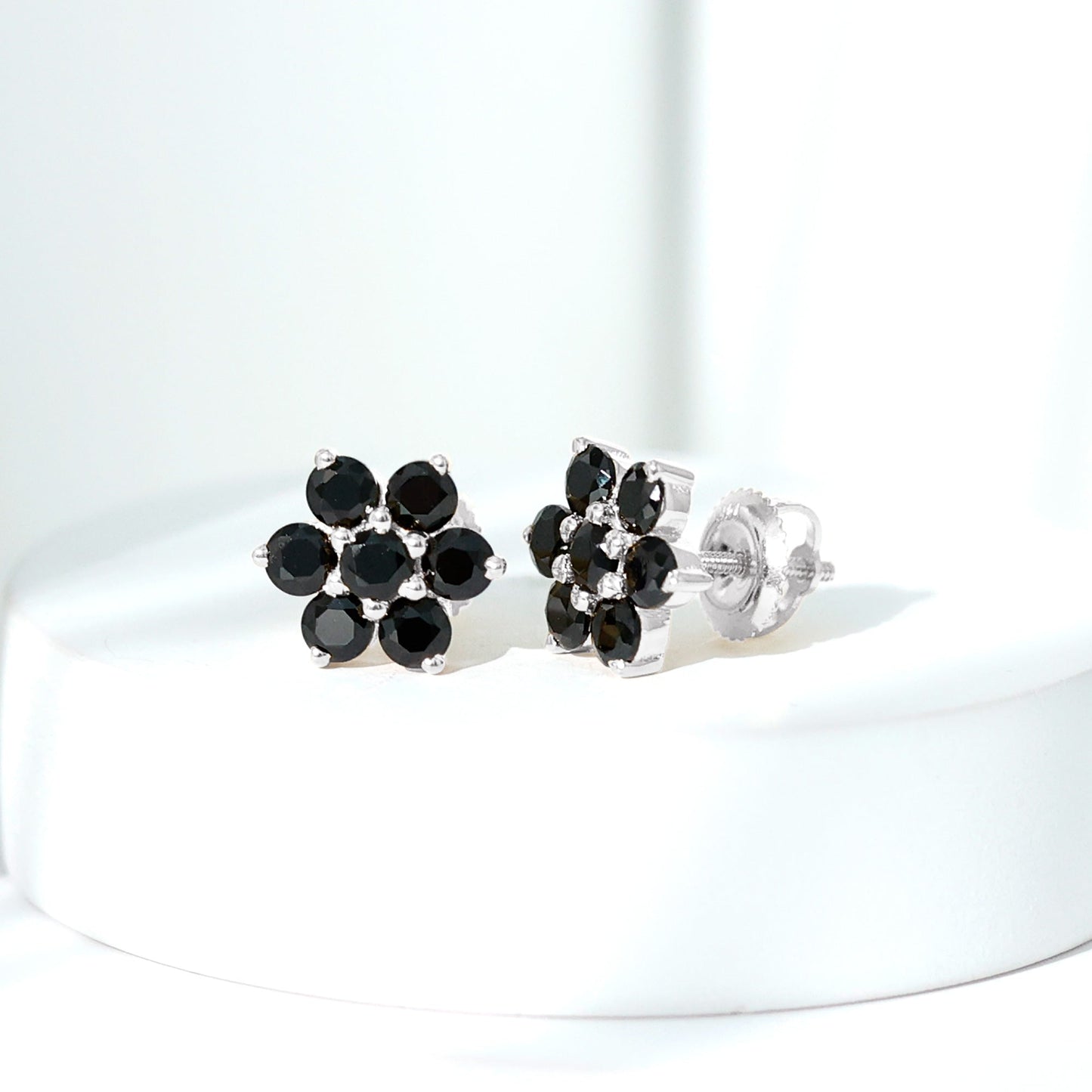 Genuine Black Onyx Flower Cluster Stud Earrings