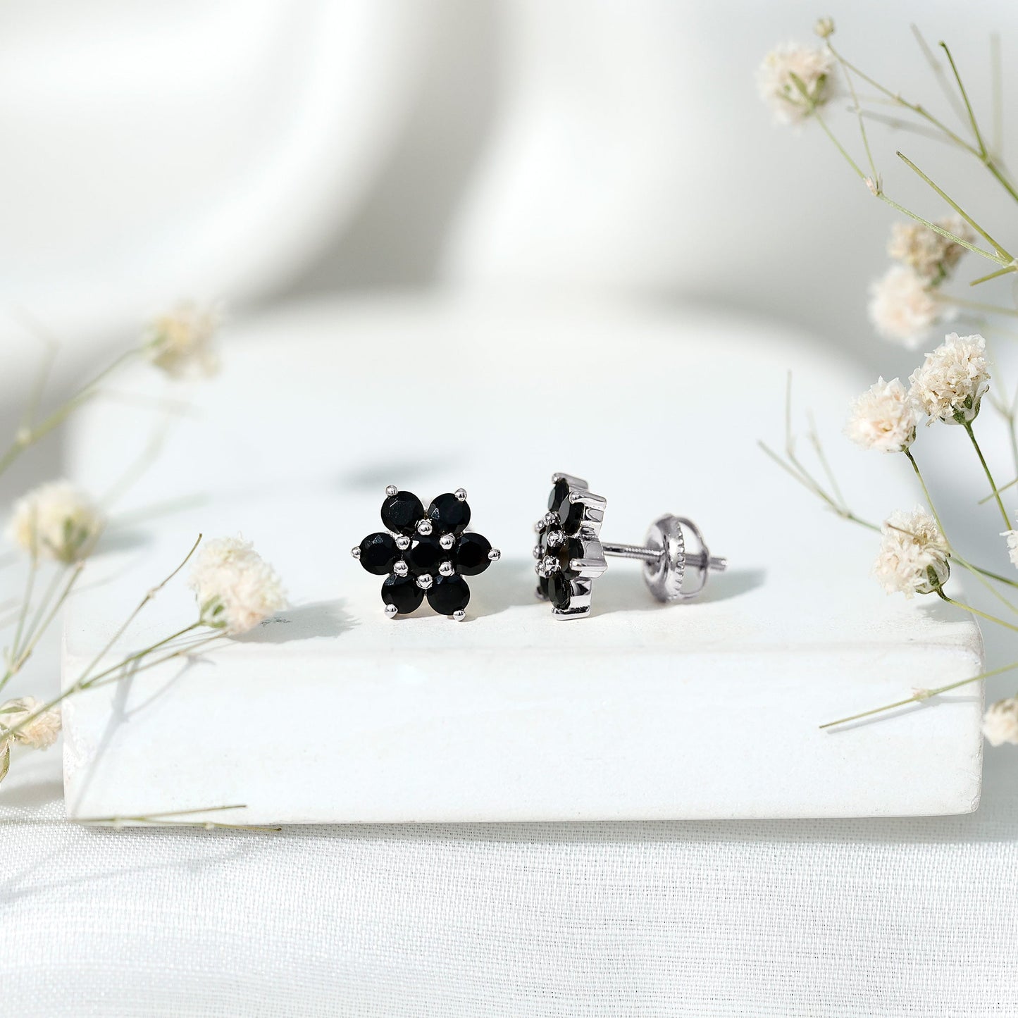 Genuine Black Onyx Flower Cluster Stud Earrings