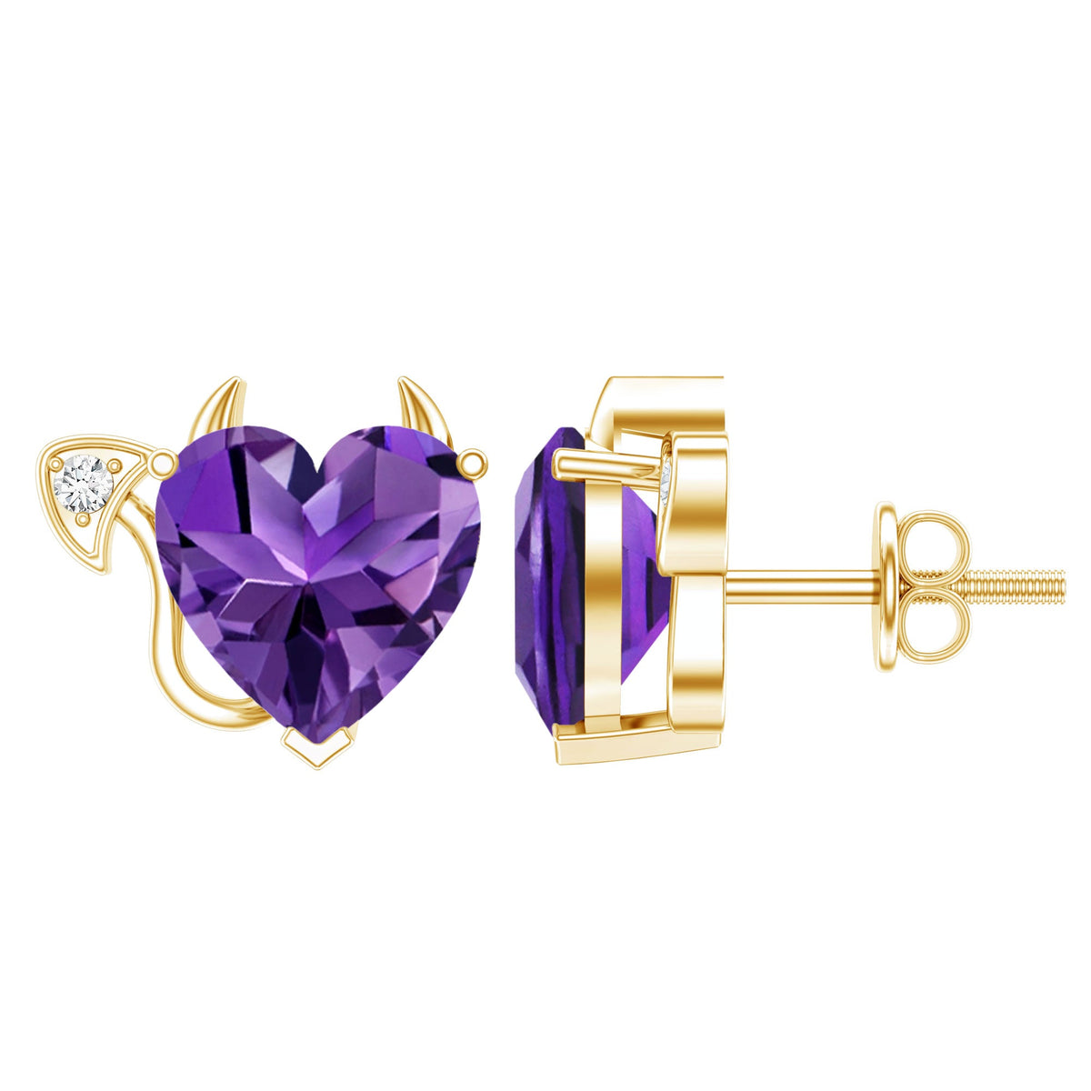 Heart Shape Amethyst and Diamond Gothic Stud Earrings