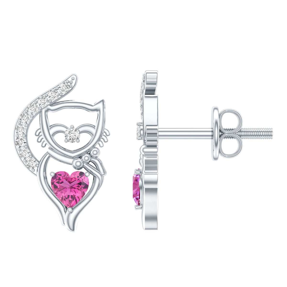 Heart Shape Pink Tourmaline and Diamond Cat Stud Earring