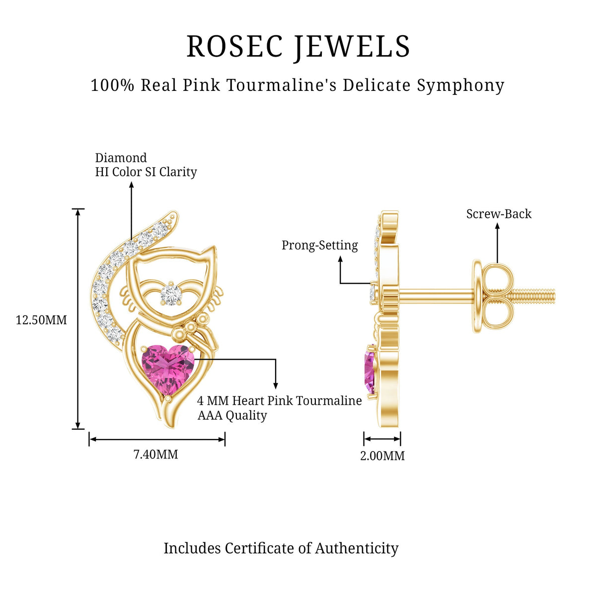 Heart Shape Pink Tourmaline and Diamond Cat Stud Earring