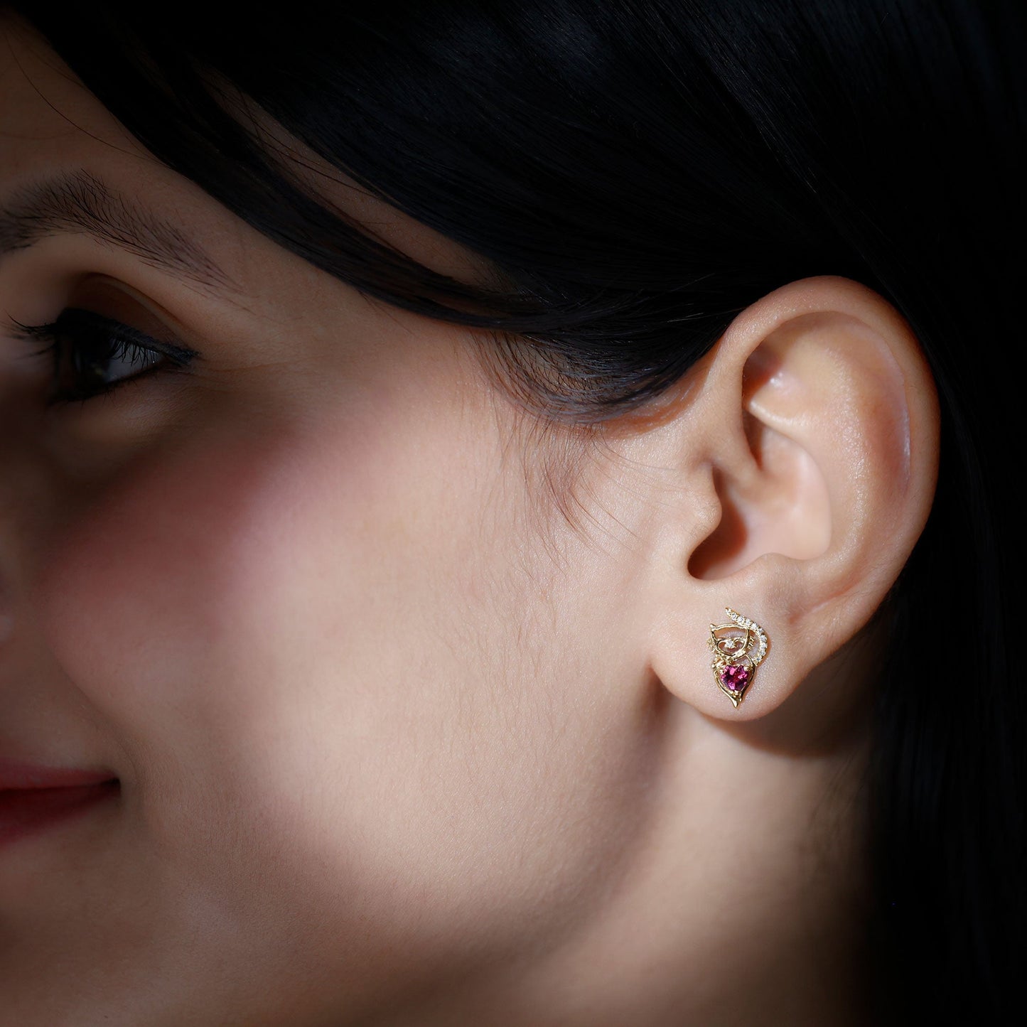 Heart Shape Pink Tourmaline and Diamond Cat Stud Earring