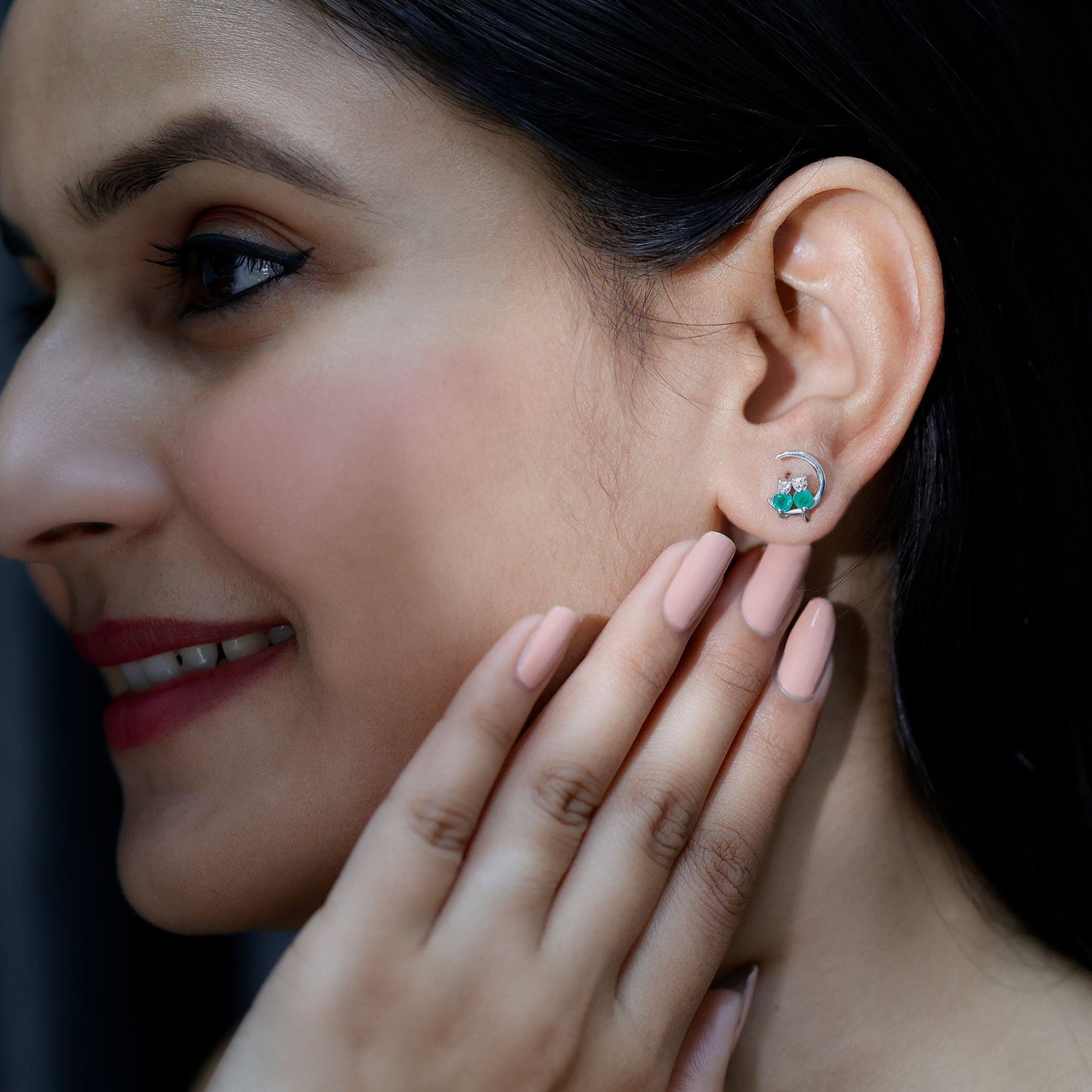 Genuine Emerald and Diamond Cat and Moon Stud Earrings