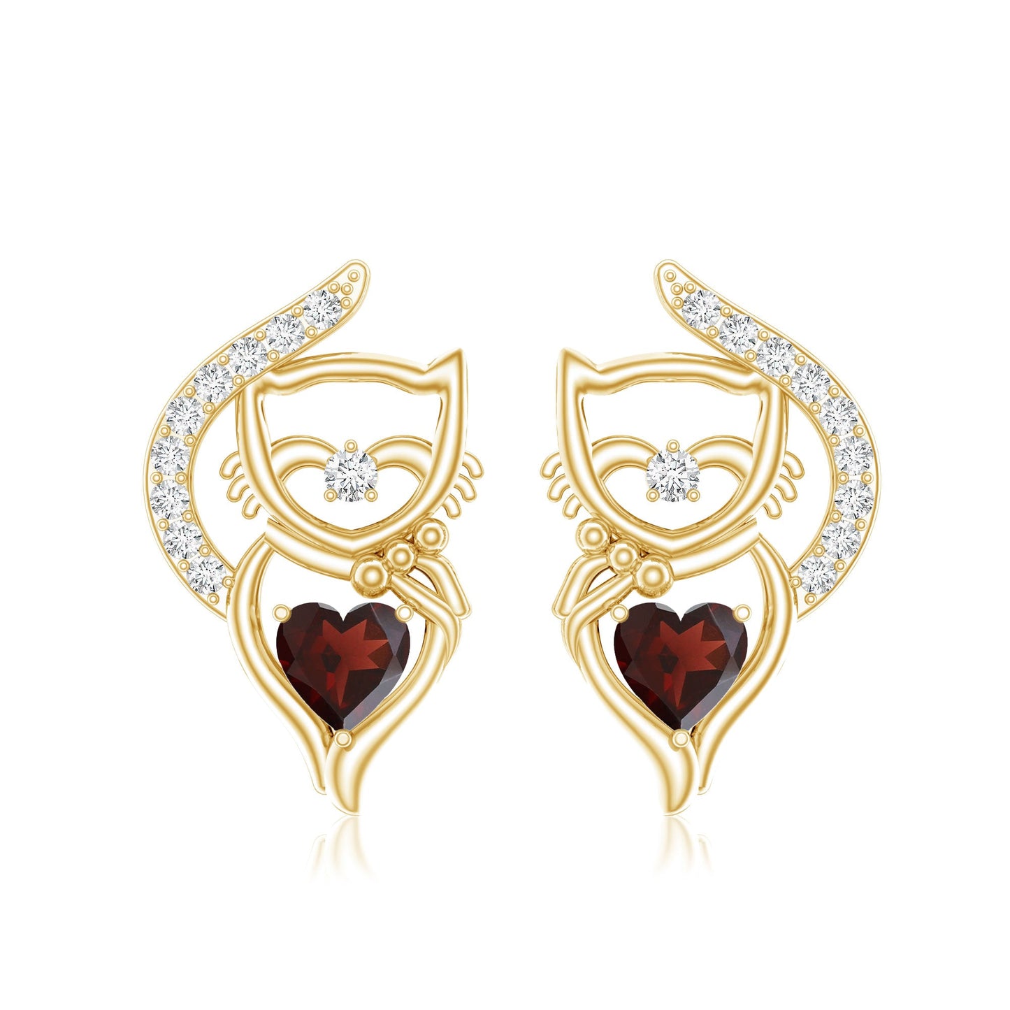 Heart Shape Garnet and Diamond Cat Stud Earrings