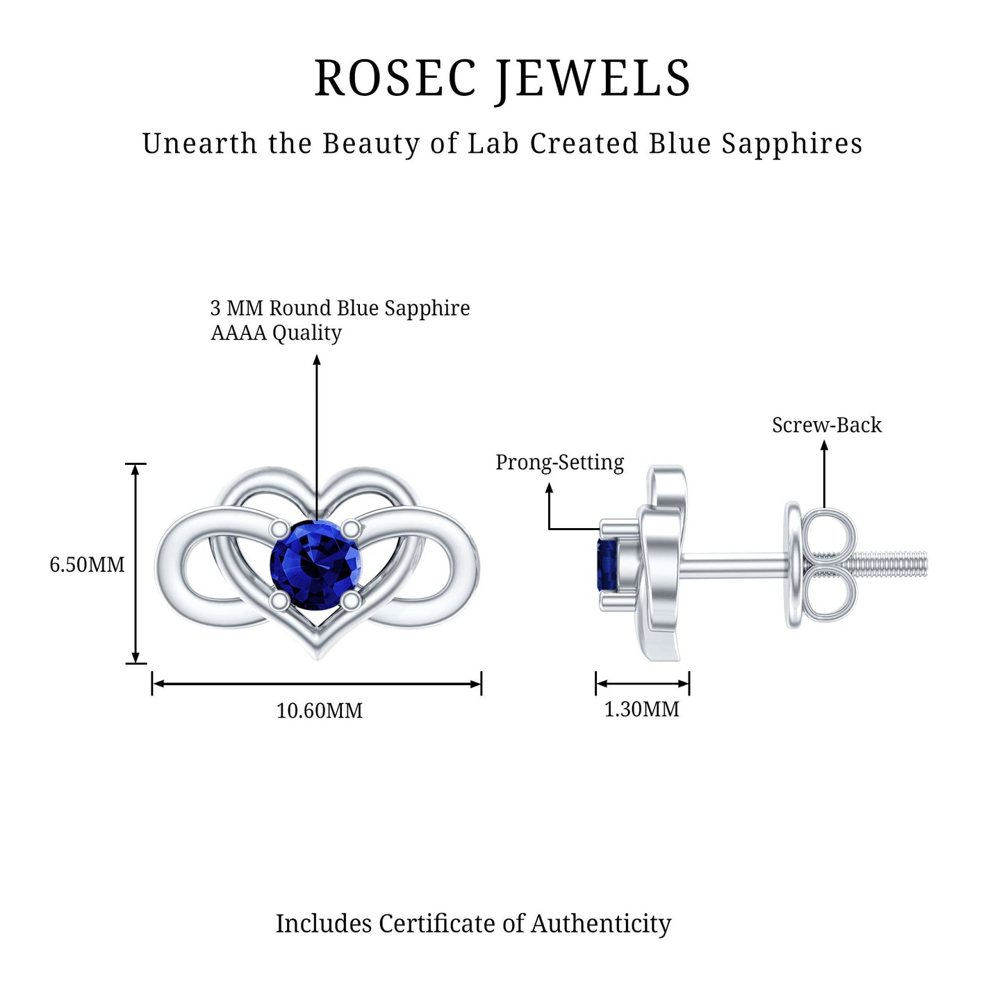 Lab Created Blue Sapphire Infinity Heart Stud Earrings