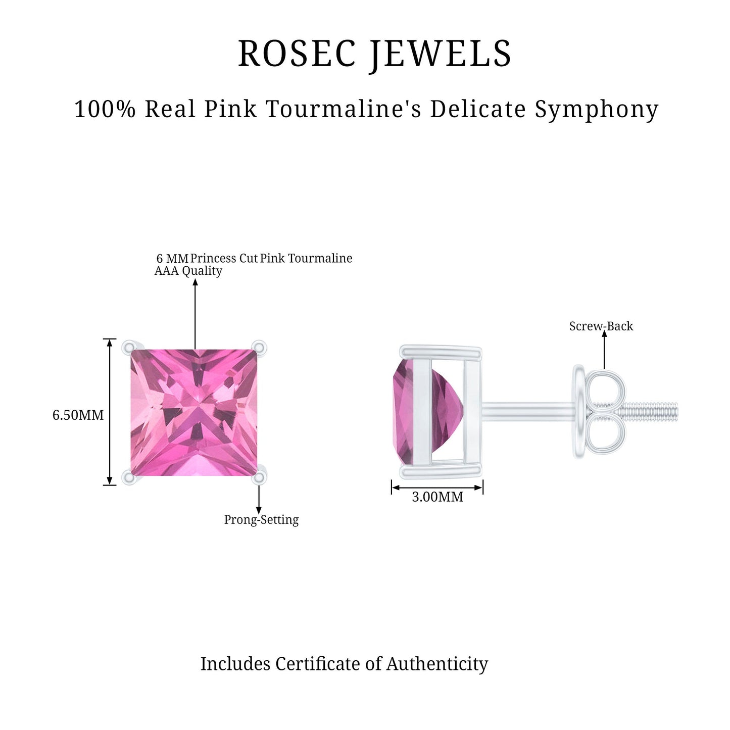 2 Carat Princess Cut Pink Tourmaline Stud Earrings with Screw Back