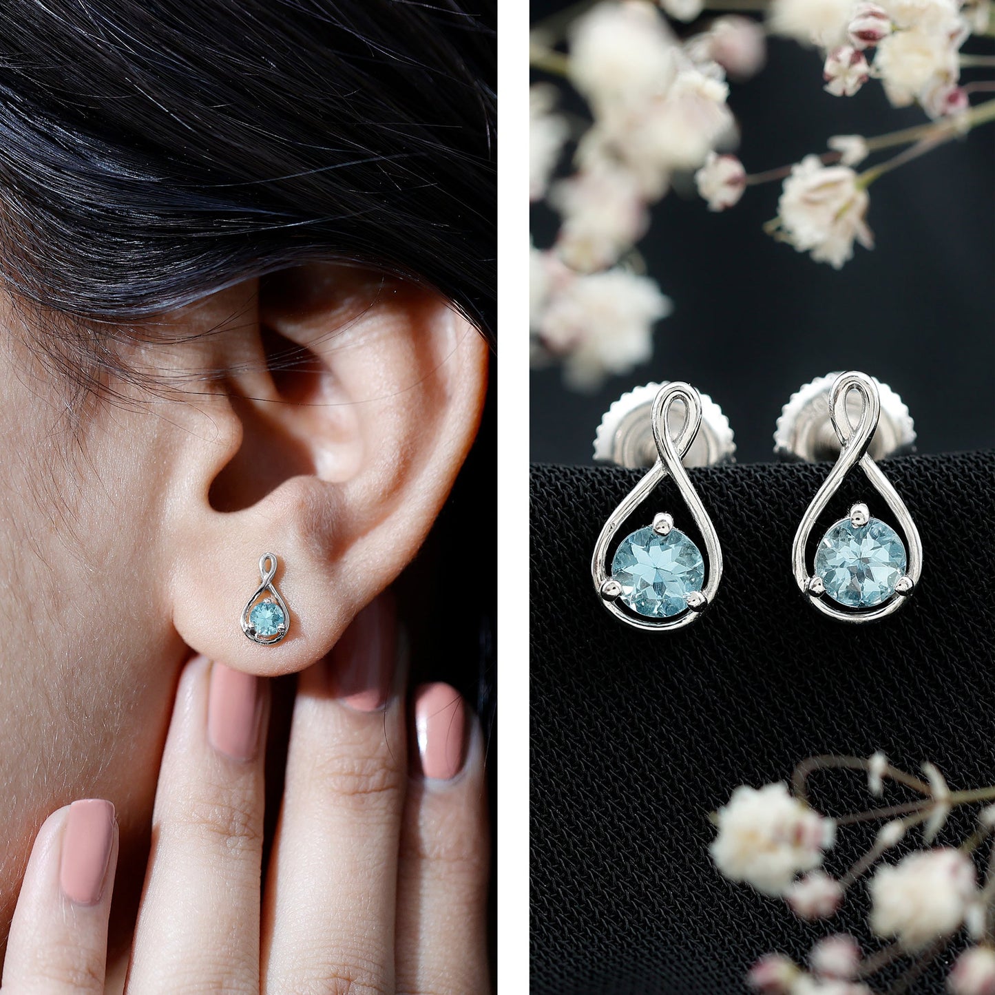Genuine 0.5 Carat Aquamarine Infinity Stud Earrings