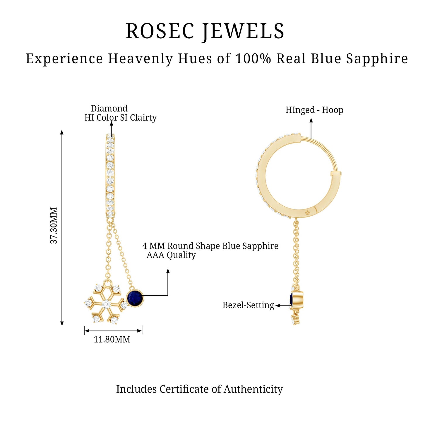 Real Blue Sapphire and Diamond Snowflake Dangle Hoop Earrings